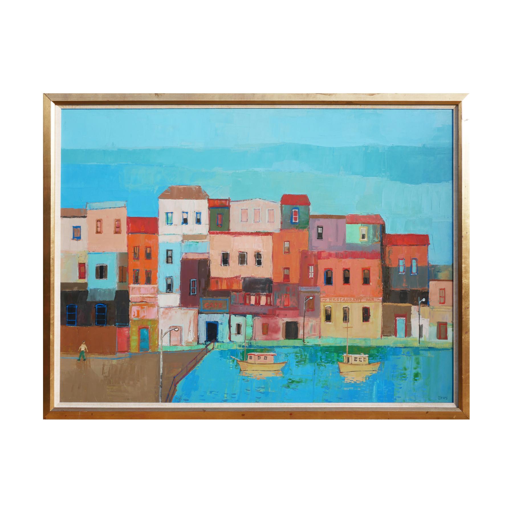 Blue-toned abstract modernist landscape by Texas artist Herb Mears. The painting depicts a town by a body of water with boats. The color palette is impeccable with the oranges glowing against the light blue background. A person walking towards the