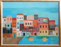 "On the Waterfront" Blue-Toned Modernist Abstract Town Landscape Painting