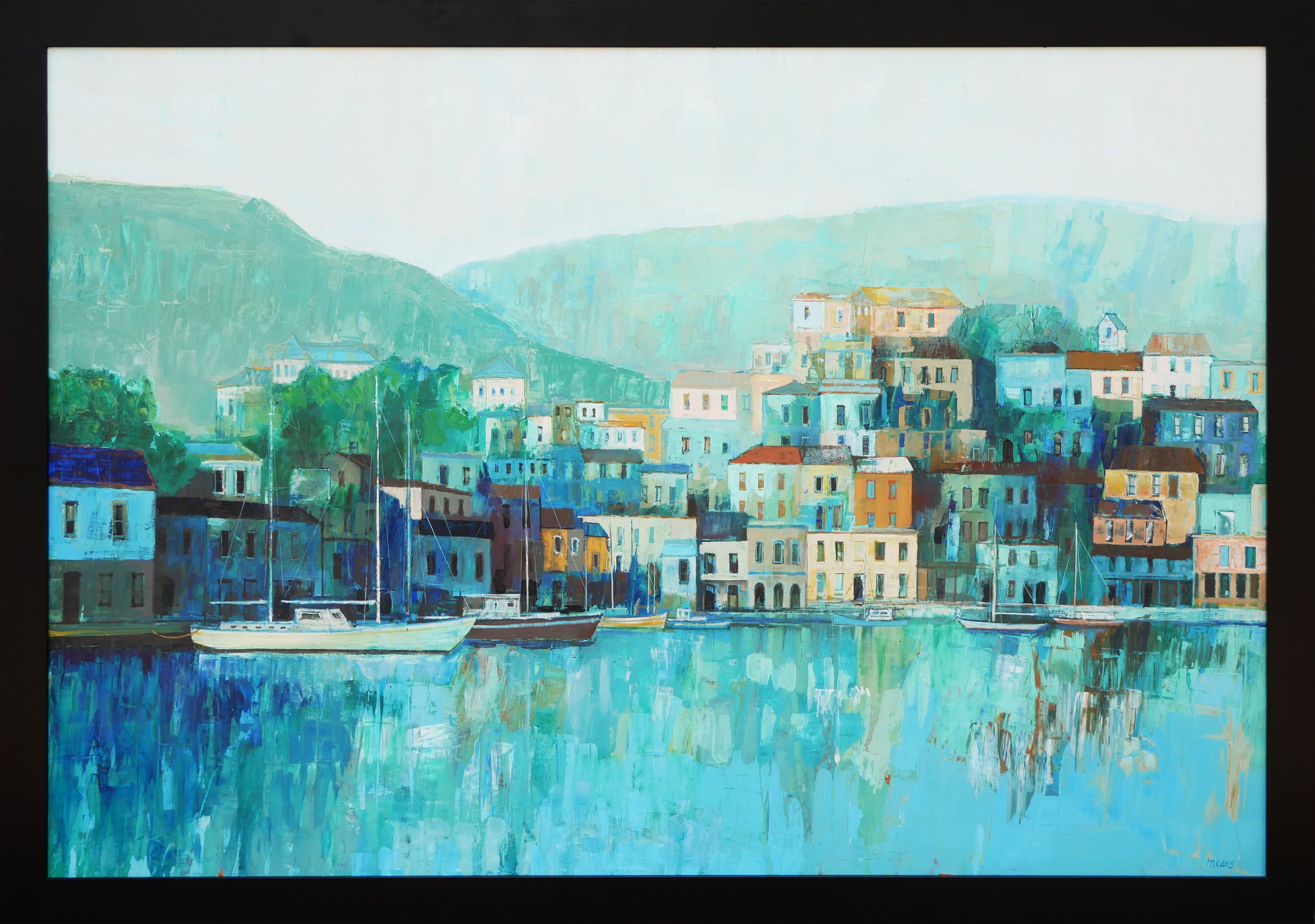 Herb Mears Landscape Painting - "Untitled - Village Point" Blue-Toned Cityscape Abstract Landscape
