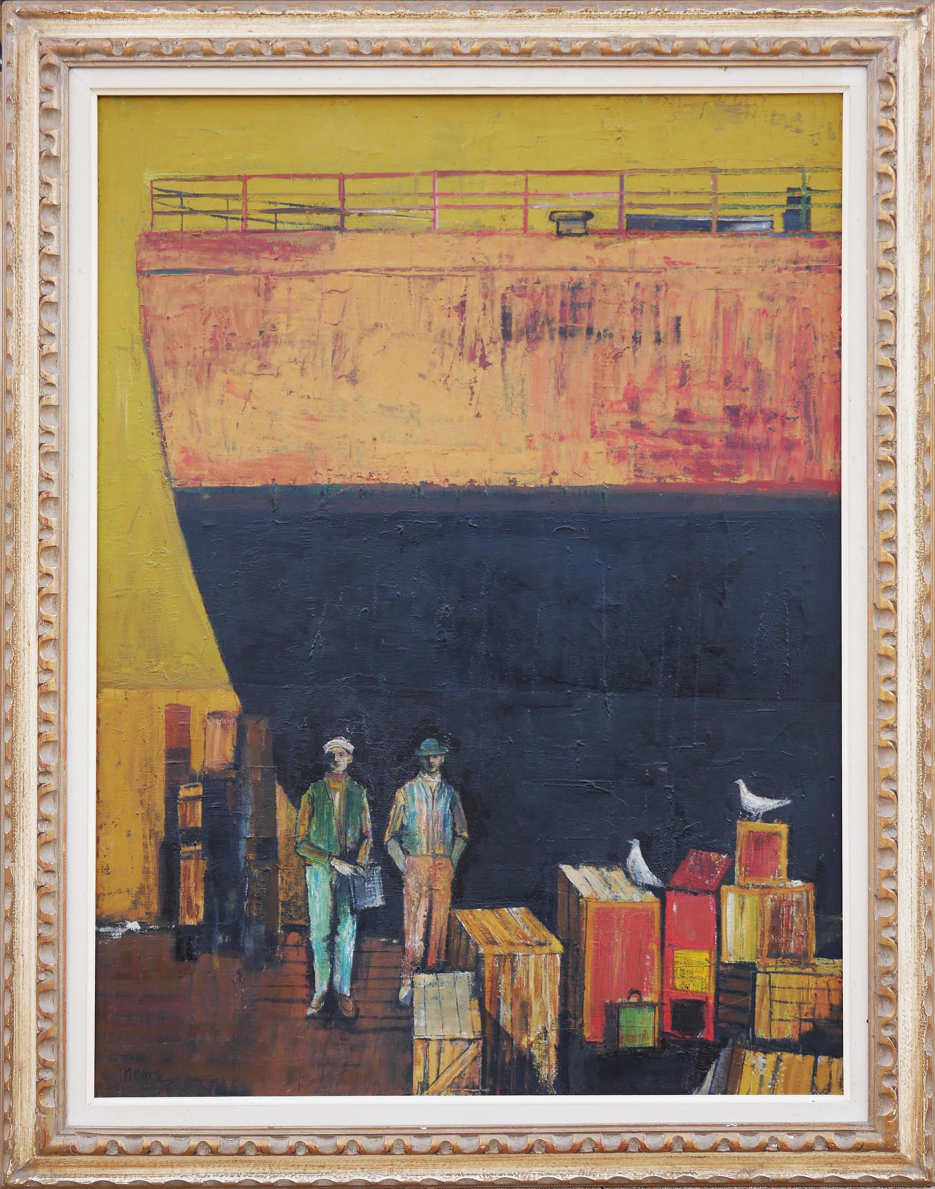 Earth-toned figurative modern painting by Texas artist Herb Mears. The painting features a shipping port with two men and white doves on top of shipping crates. The orange and black ship is painted against a yellow background, suggesting a