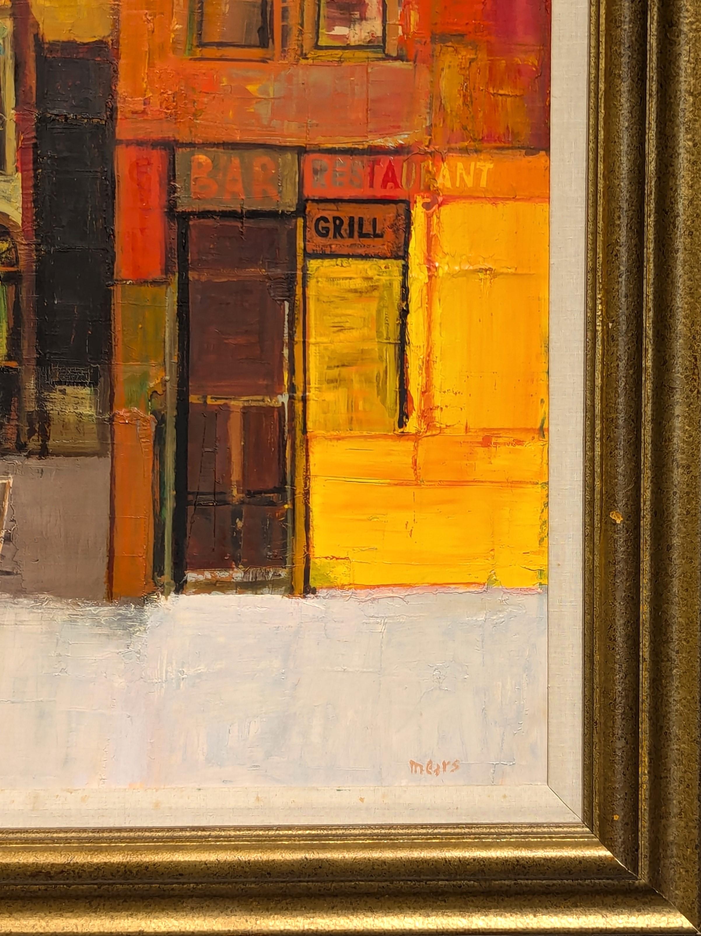 Scène de rue moderne dans les tons chauds du centre-ville, réalisée par l'artiste texan Herb Mears. L'œuvre présente une variété de façades de bâtiments, dont un grill, un bar et un magasin de gros. Signé dans le coin inférieur droit du recto.