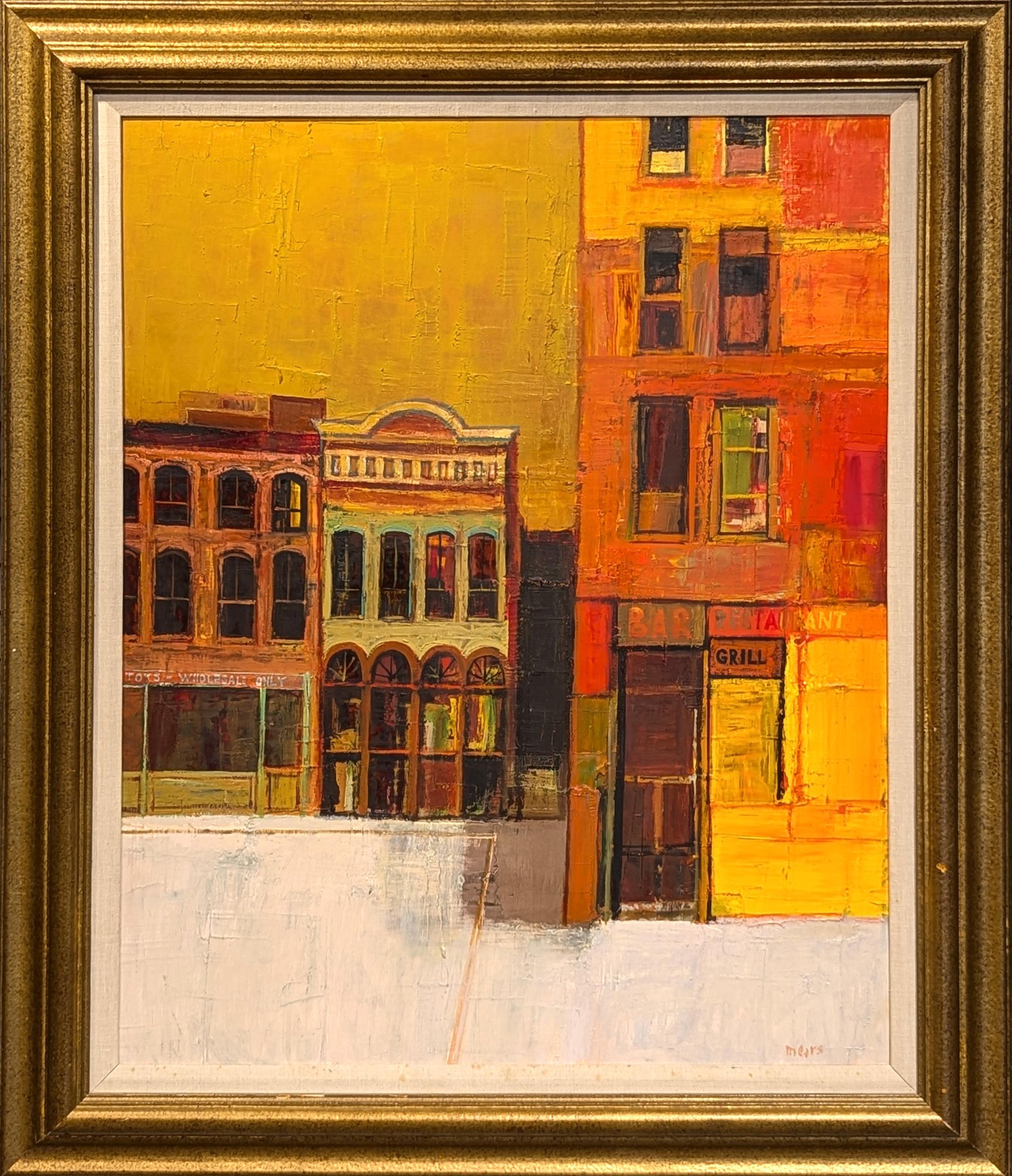Landscape Painting Herb Mears - "Washington Street" Modernity Abstract Warm Toned Downtown City Street Scene (scène de rue du centre-ville)