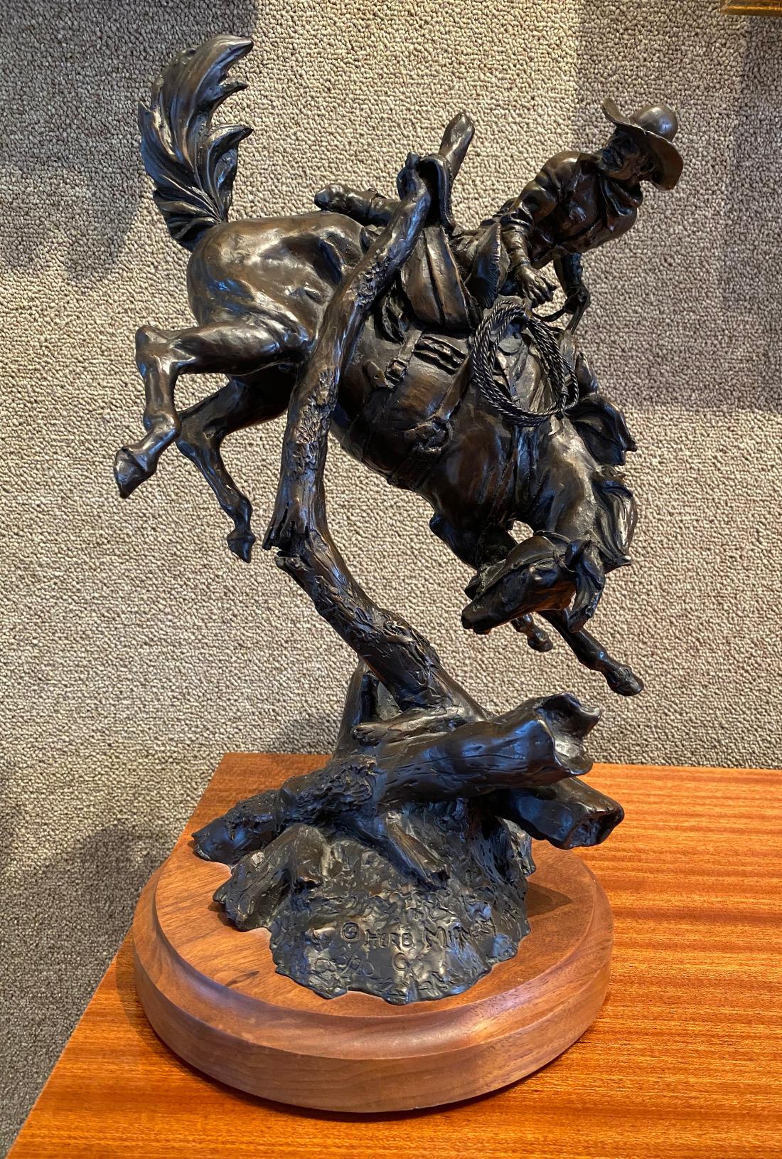 Herb Mignery Figurative Sculpture - 'HUNG UP AND IN TROUBLE"  COWBOY BRONC WESTERN BRONZE COWBOY ARTIST OF AMERICA