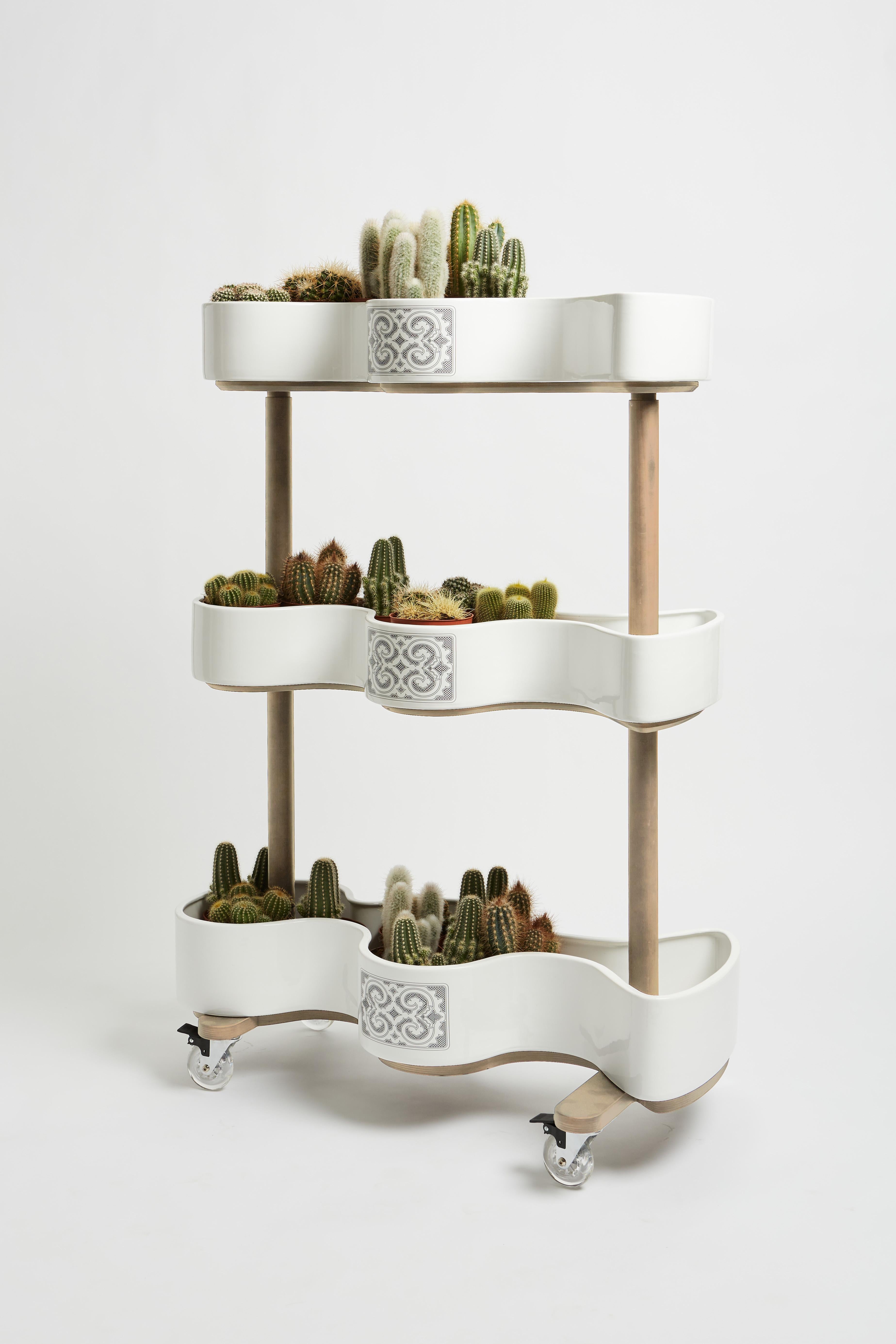Italian Vertical garden cart of ceramic and beech wood from the SoShiro Ainu collection For Sale