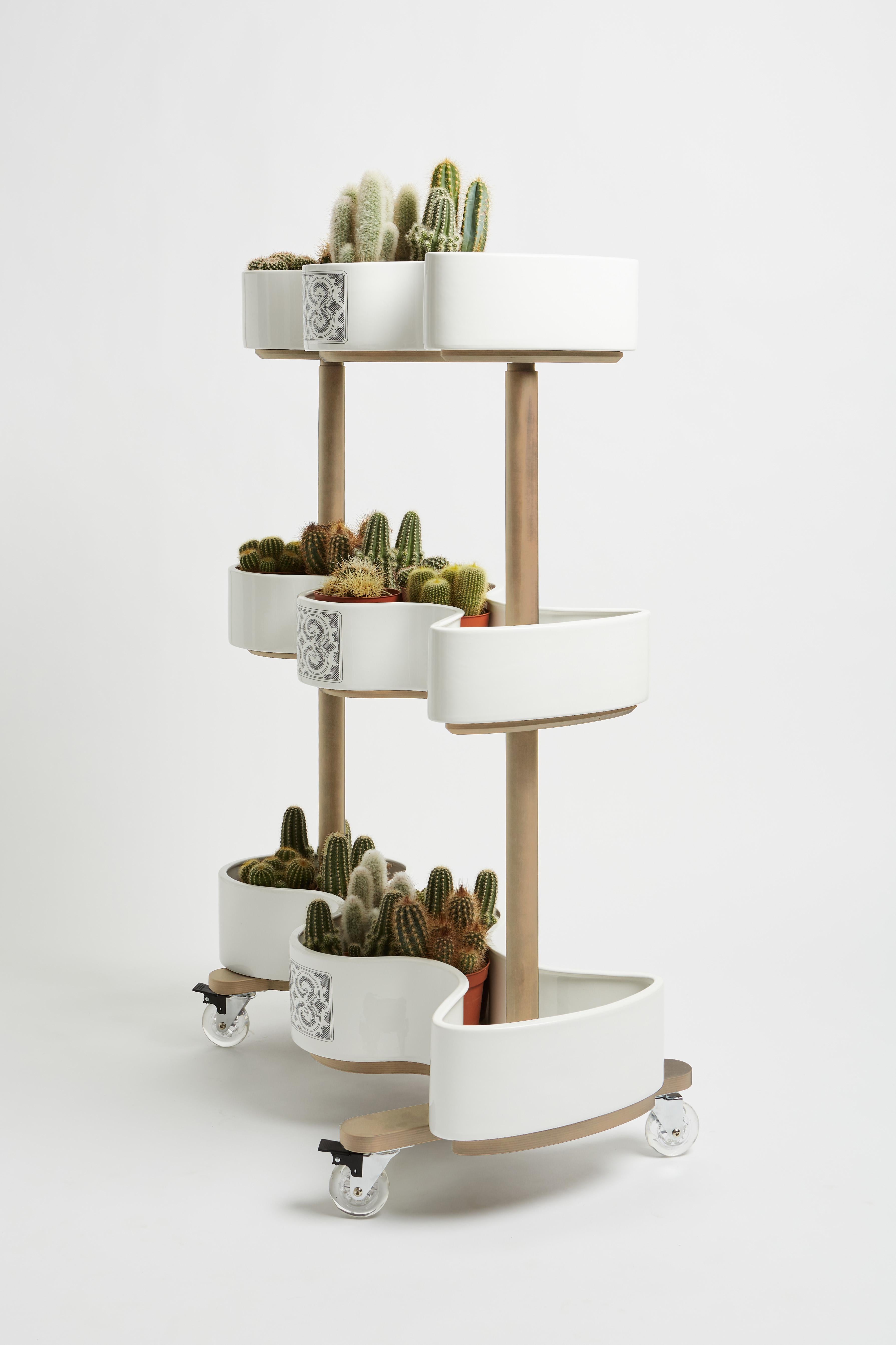Carved Vertical garden cart of ceramic and beech wood from the SoShiro Ainu collection For Sale