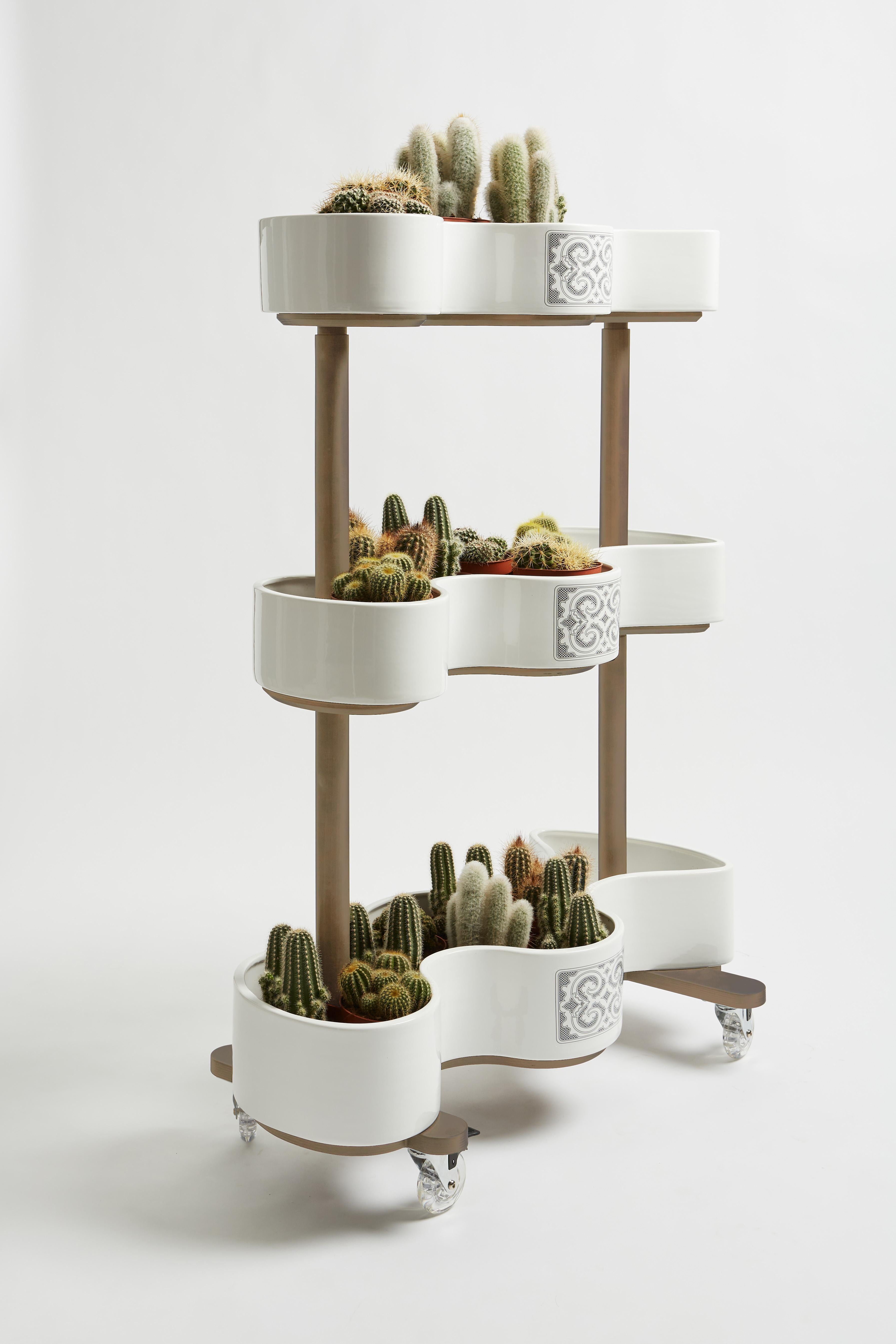 Contemporary Vertical garden cart of ceramic and beech wood from the SoShiro Ainu collection For Sale