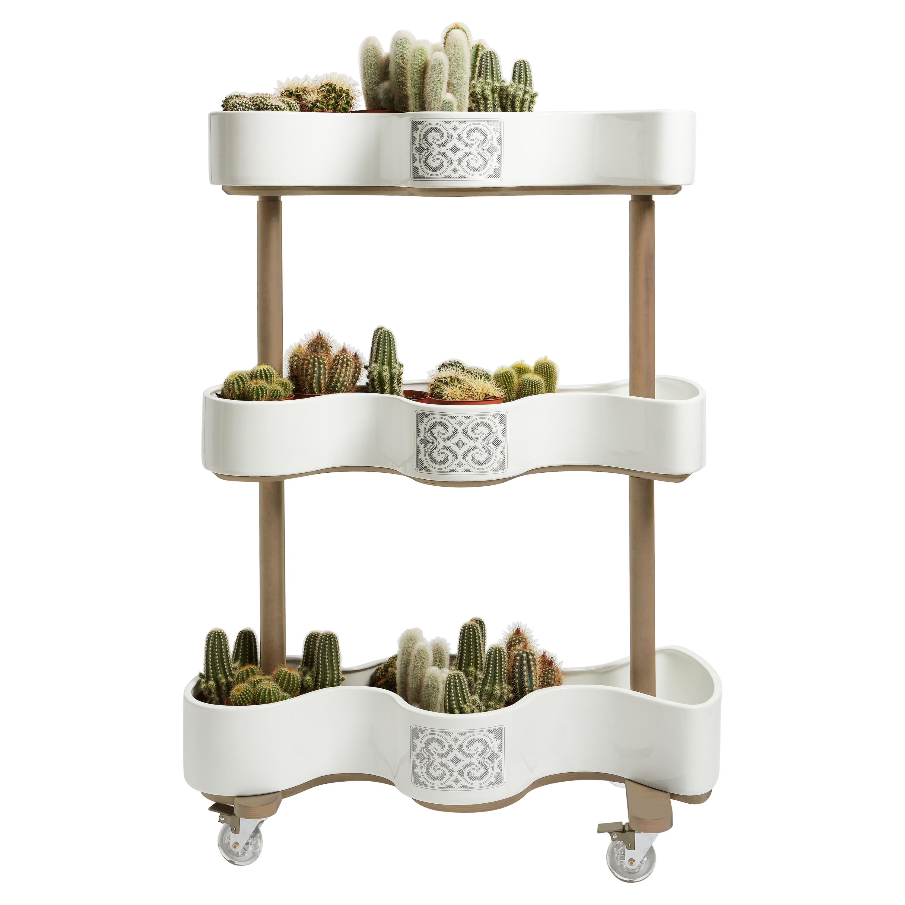 Vertical garden cart of ceramic and beech wood from the SoShiro Ainu collection For Sale