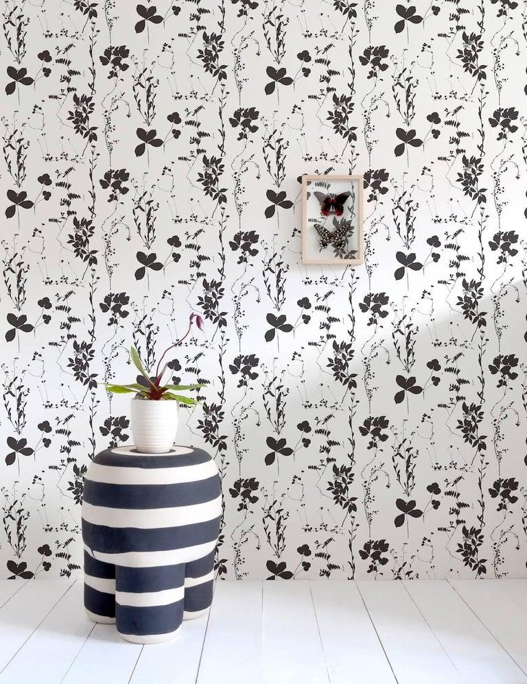 Bohemian Herbario Designer Wallpaper in Cinder 'Black and White' For Sale