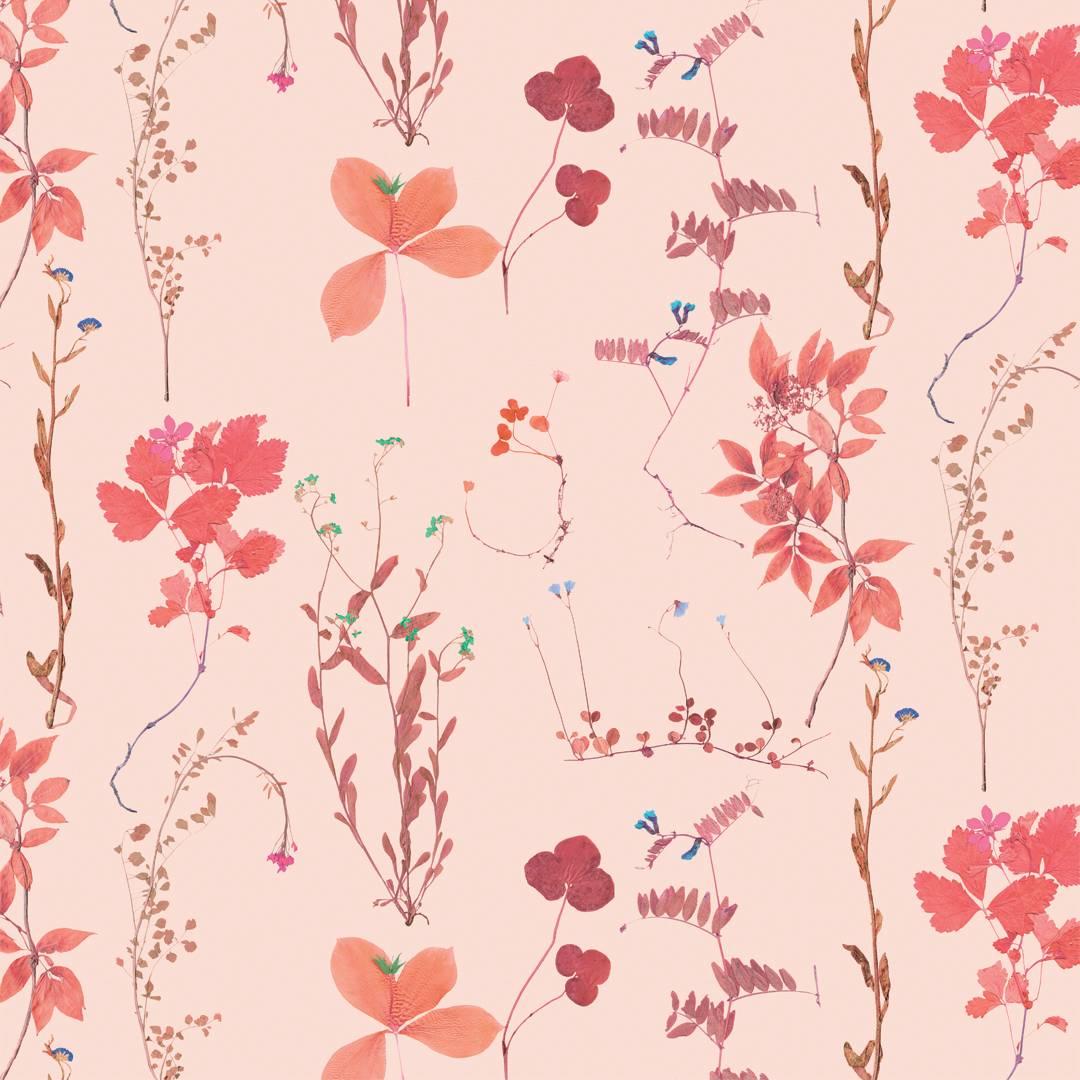 Herbario Designer Wallpaper in Peché 'Red and Pink Multi-Color on Peach' For Sale