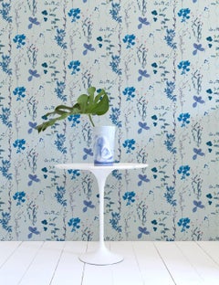 Herbario Designer Wallpaper in Satellite 'Multicolor Blues on Blue-Grey'