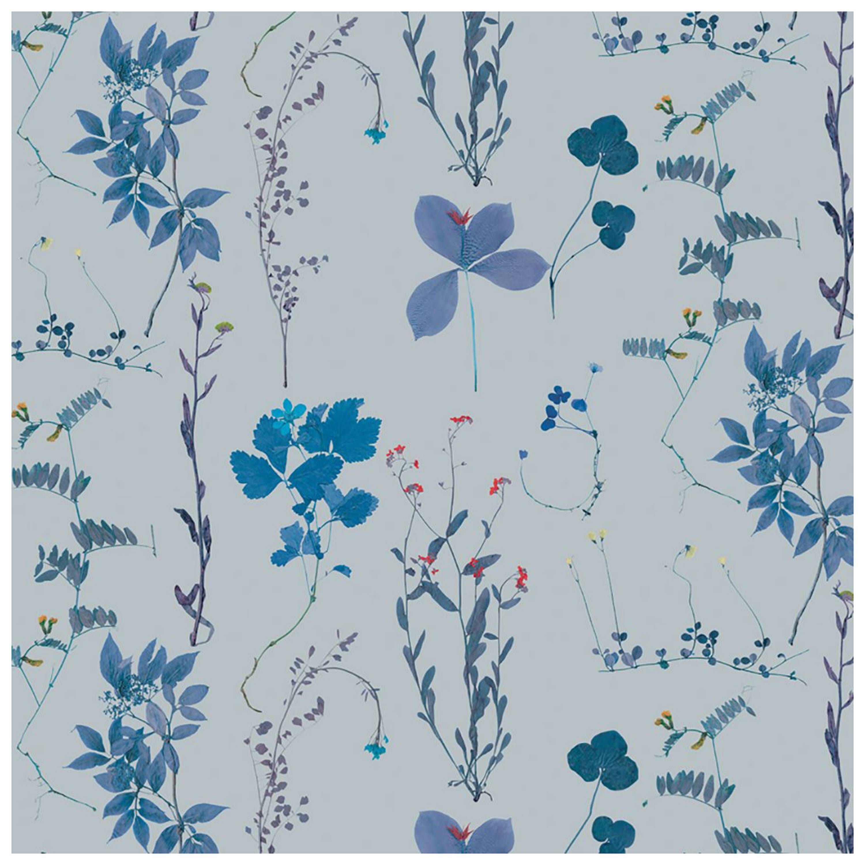 Herbario Designer Wallpaper in Satellite 'Multicolor Blues on Blue-Grey' For Sale