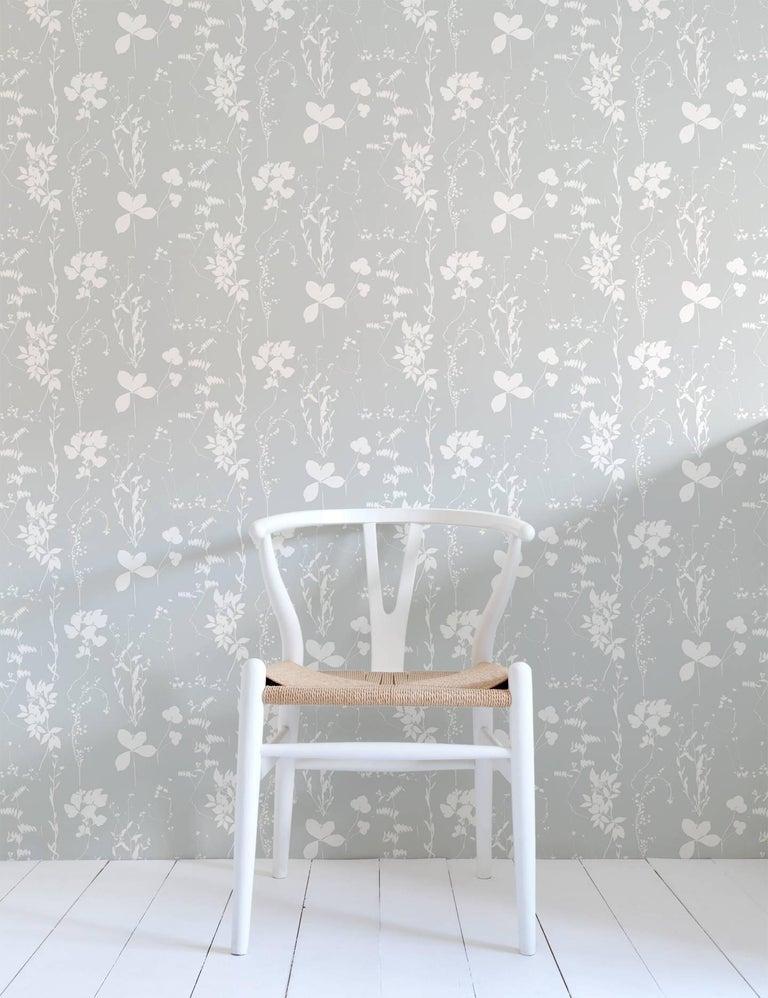 Bohemian Herbario Designer Wallpaper in Dove 'White and Grey' For Sale