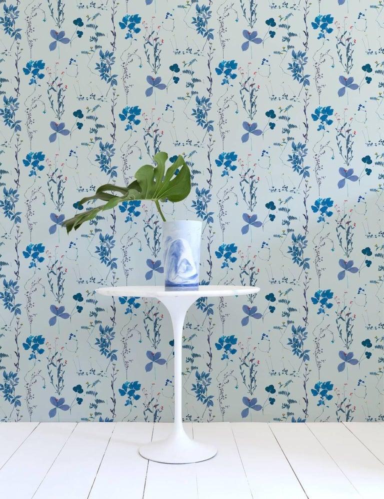 Herbario Designer Wallpaper in Satellite 'Multicolor Blues on Blue-Grey' In New Condition For Sale In Brooklyn, NY