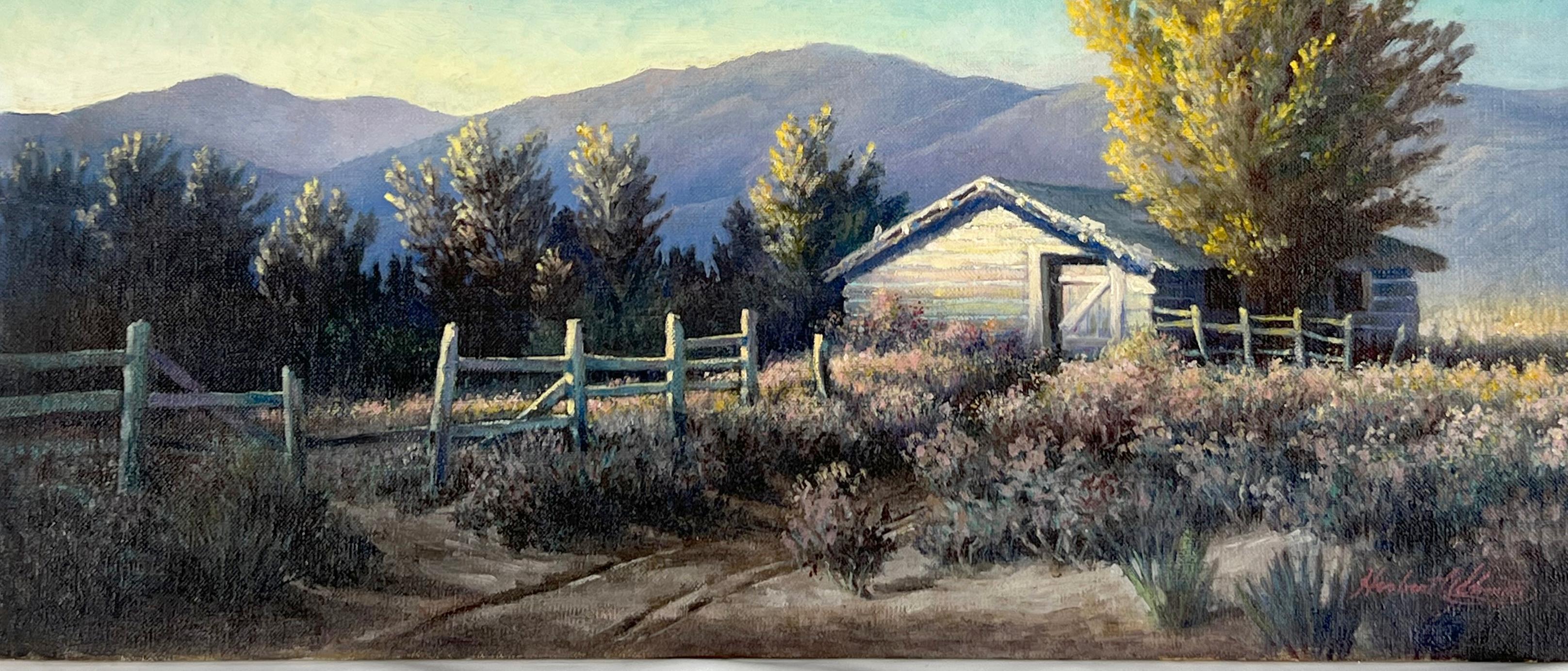 Tisch und Korral in den California Hills – 1930er-Jahre (Blau), Landscape Painting, von Herbert A. Schmidt