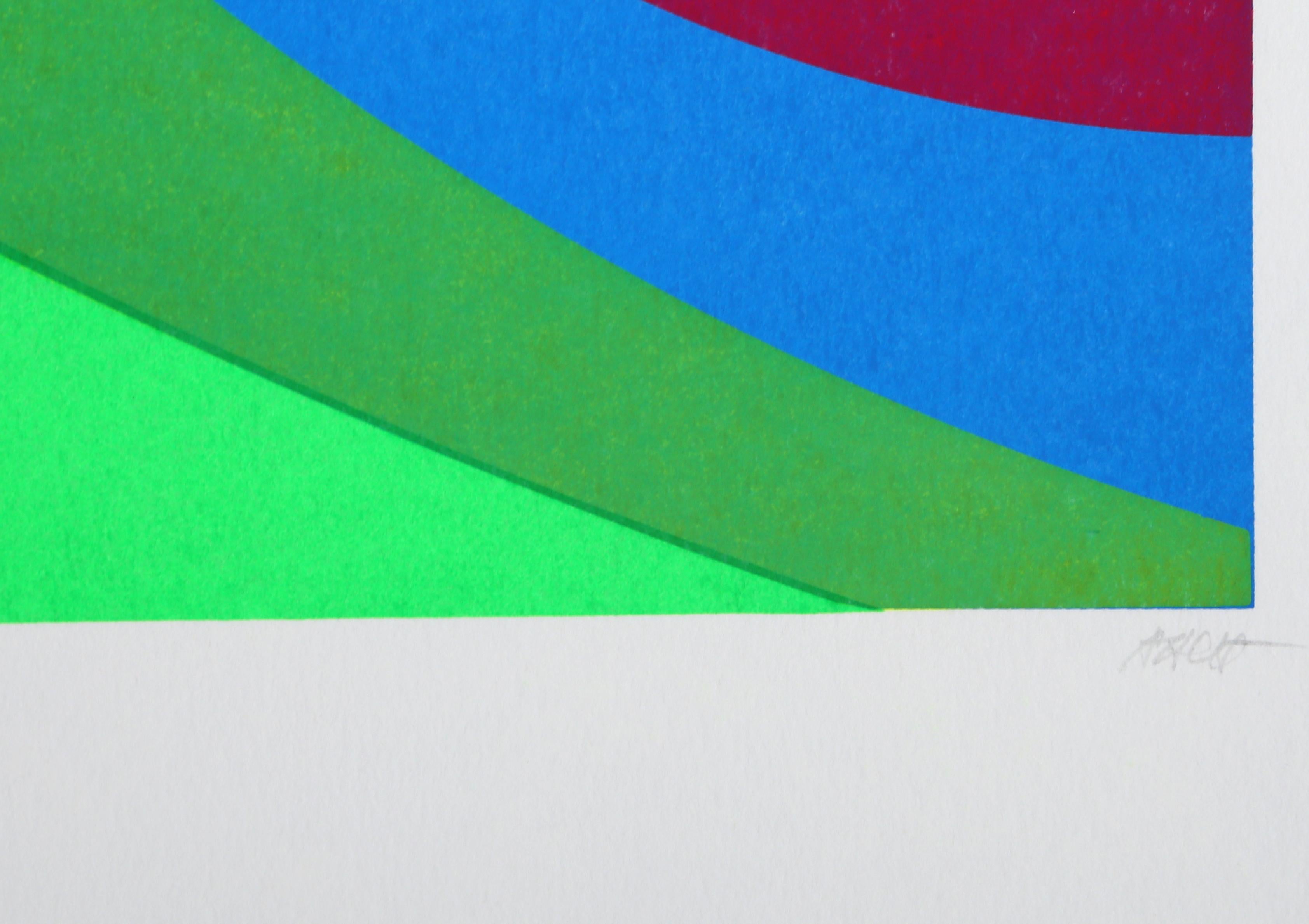 This serigraph was created by German Op artist Herbert Aach. Aach's prints play with geometry and form, and trick the viewer's eyes by juxtaposing bright neon colors. This print is signed and numbered in pencil and comes from an edition of 200 and