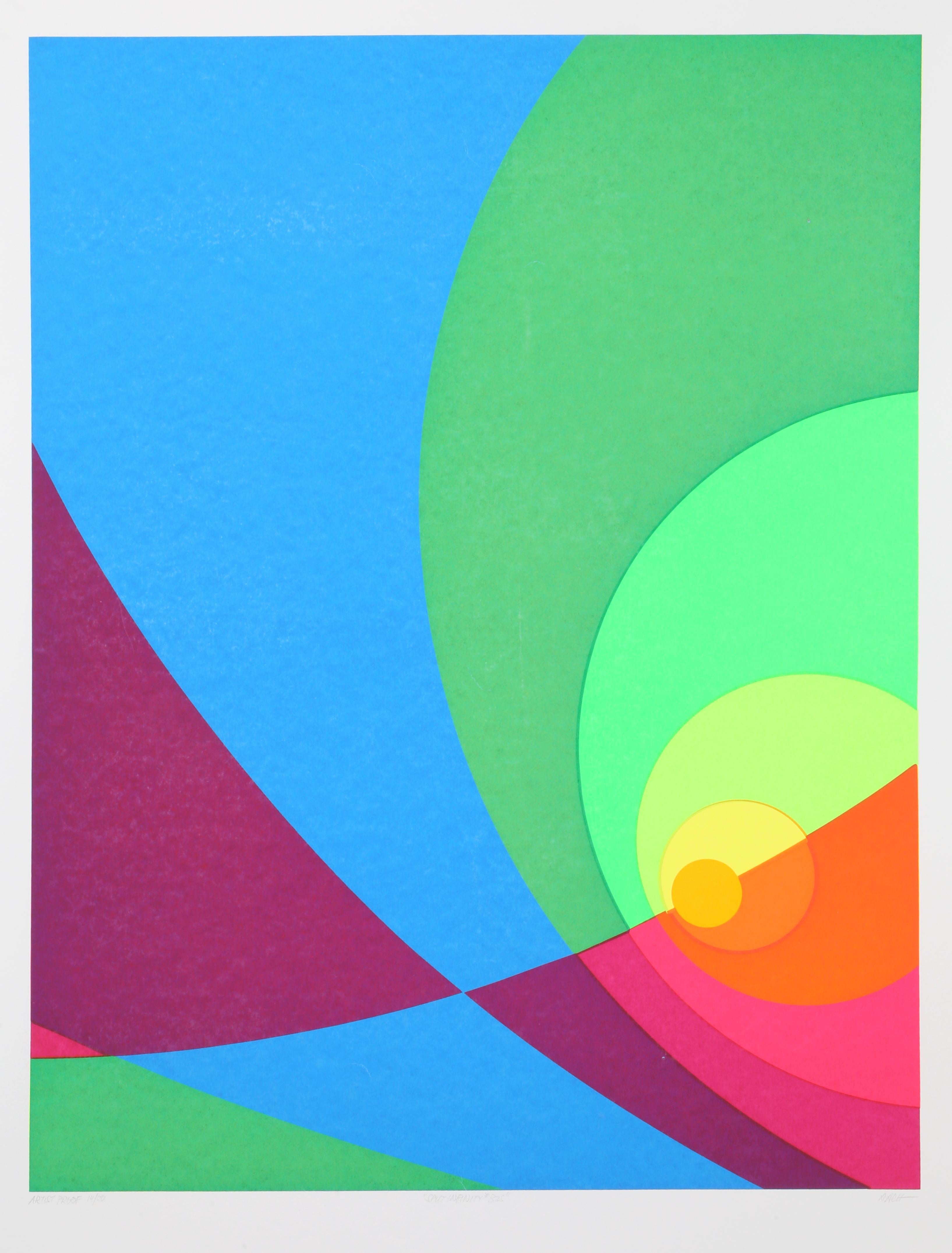 This screenprint was created by German Op artist Herbert Aach. Aach's prints play with geometry and form, and trick the viewer's eyes by juxtaposing bright neon colors. This print is signed and numbered in pencil and comes from an edition of 200 and