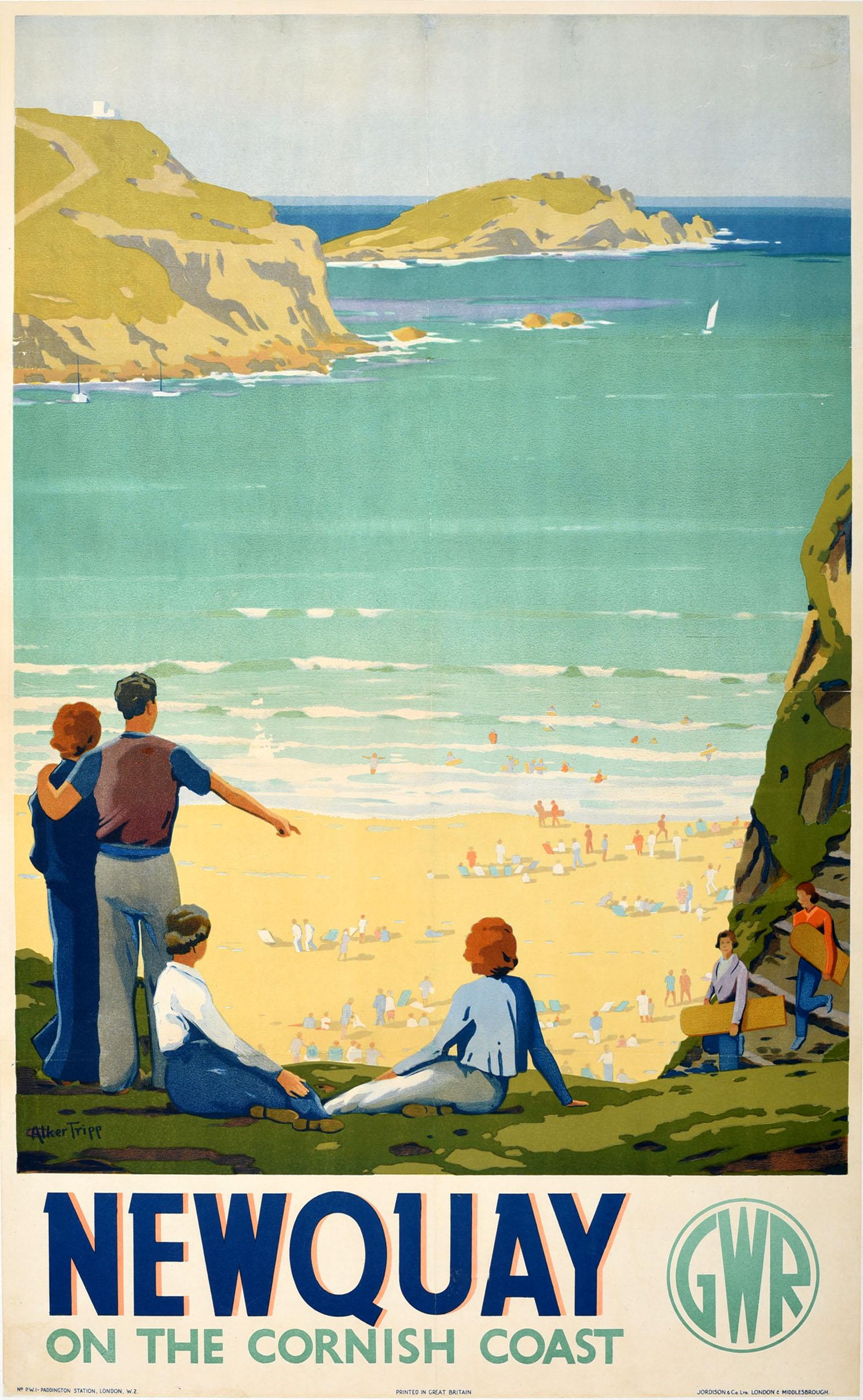 Print Herbert Alker Tripp - Affiche de voyage originale Newquay On The Cornish Coast GWR Cornwall Beach