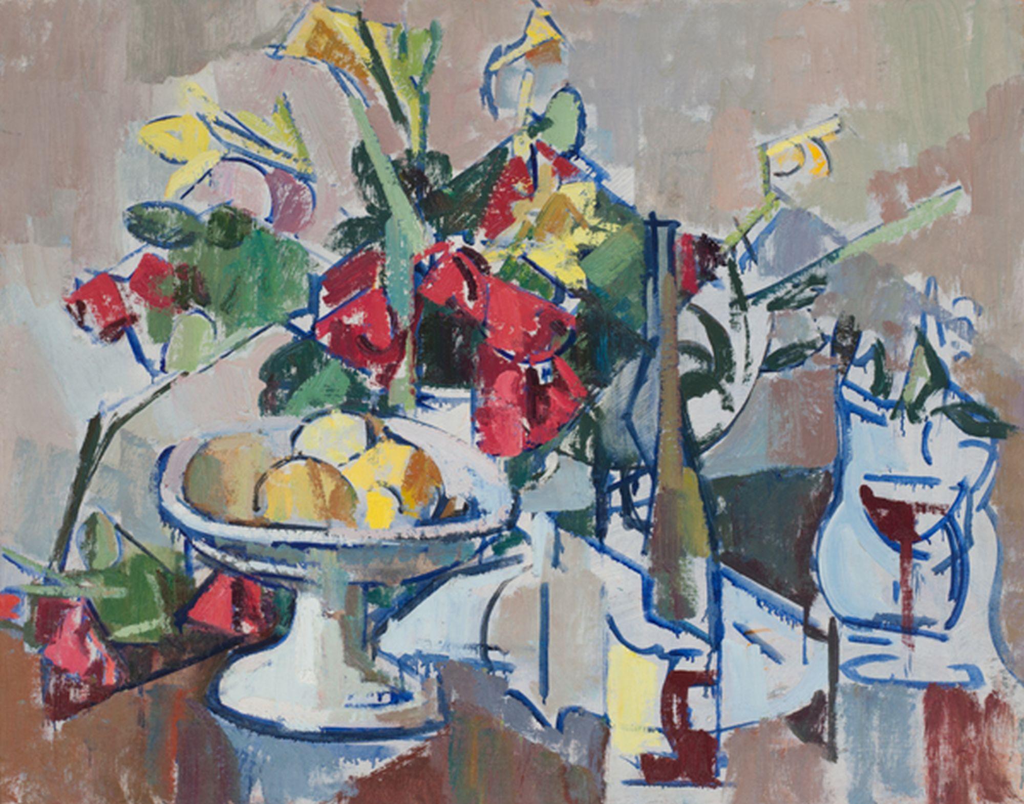 Herbert Barnett Still-Life Painting - Compote, Wine Bottle and Bouquet