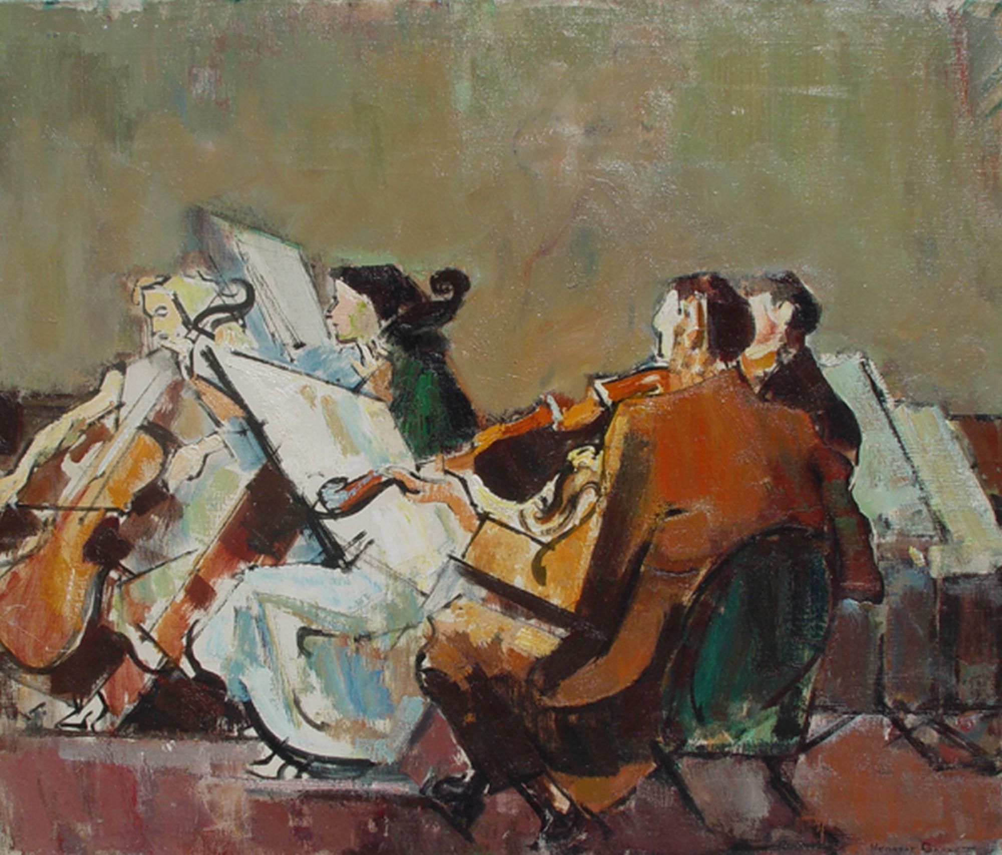 Herbert Barnett Figurative Painting - String Section Worcester Orchestra