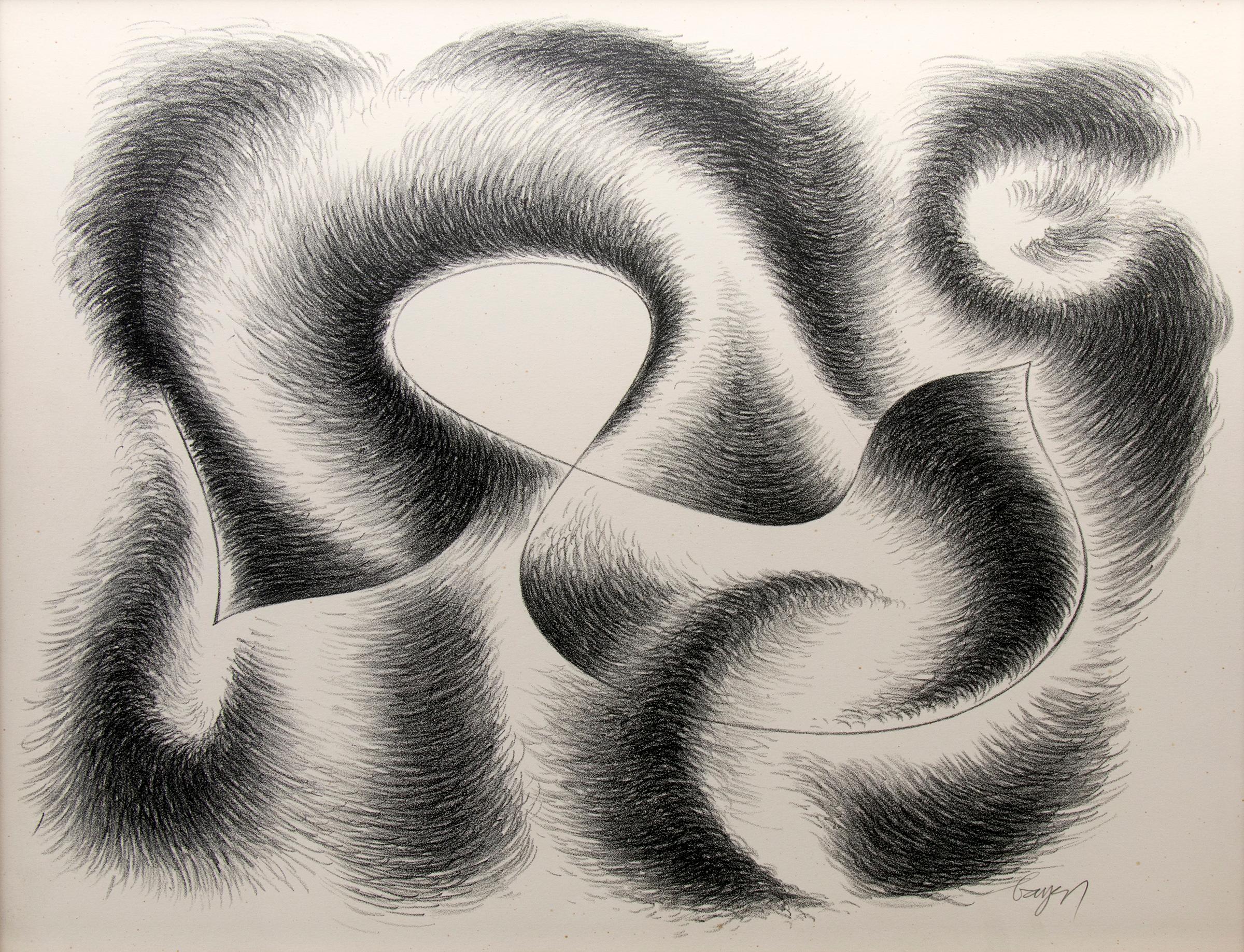 Convolution, lithographie abstraite moderne noire et blanche du mouvement cinétique, années 1940 - Print de Herbert Bayer