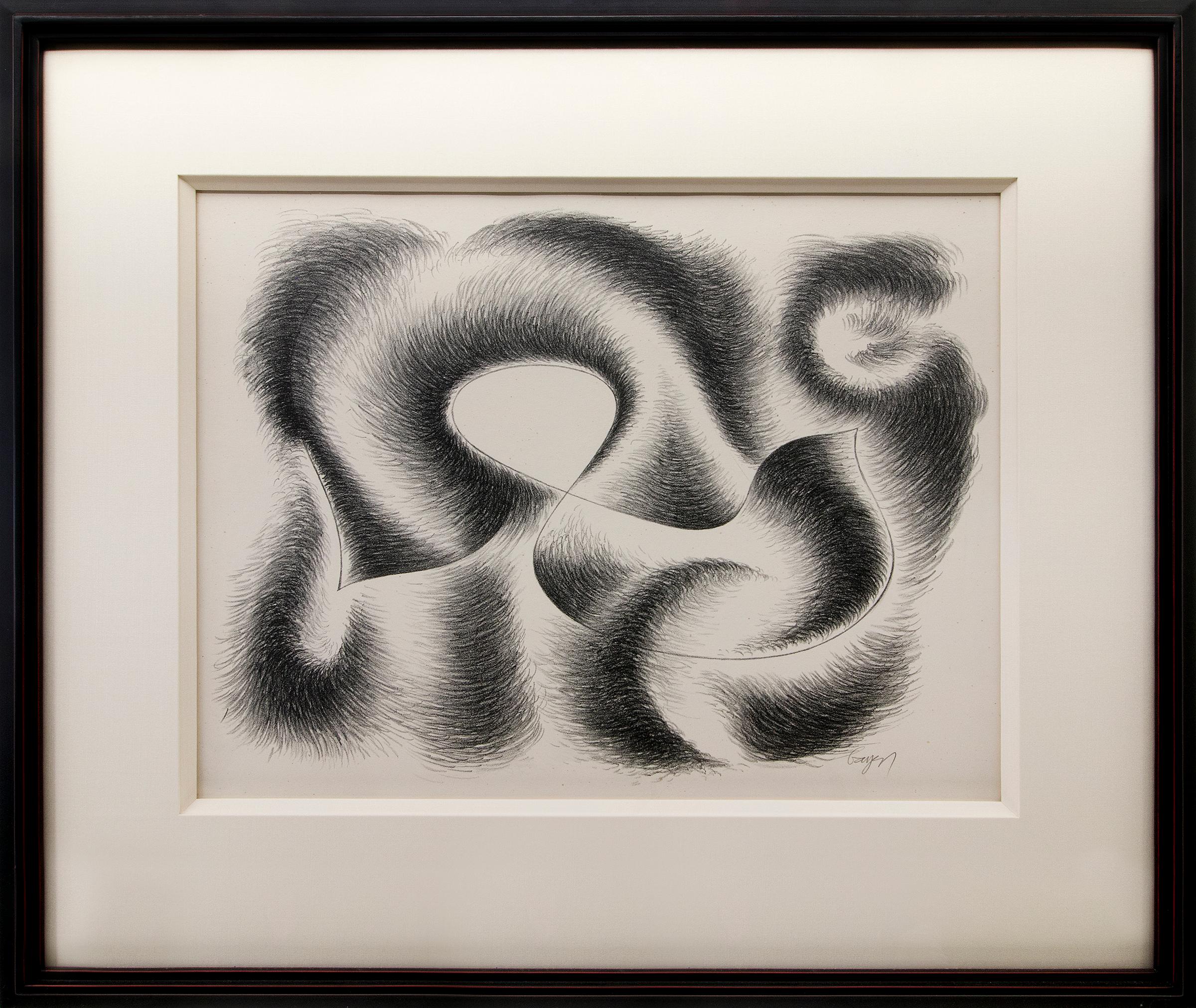 Herbert Bayer Abstract Print - Convolution, 1940s Modern Black White Abstract Lithograph of Kinetic Movement