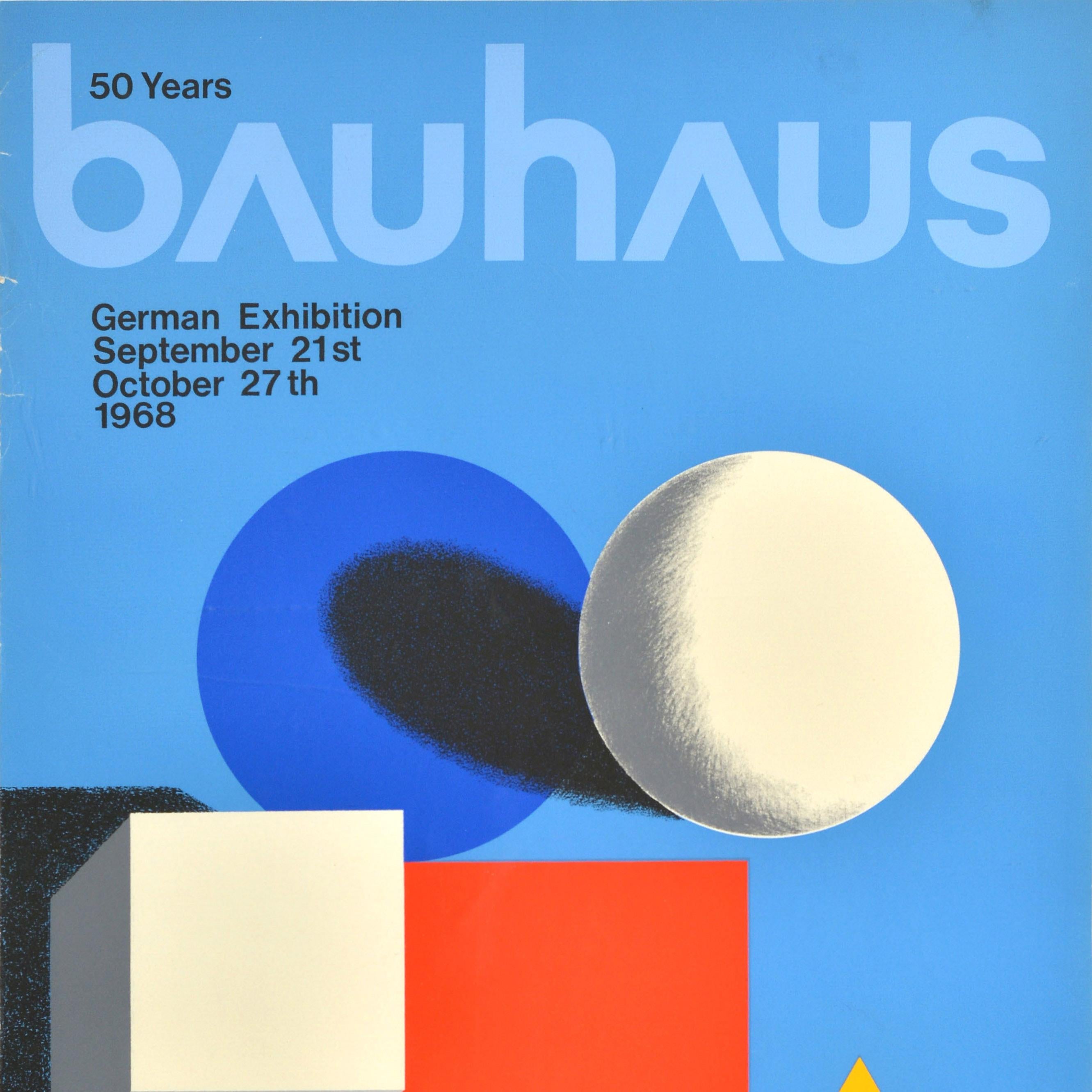 Original vintage advertising poster for 50 Years Bauhaus German Exhibition held from 21 September to 27 October 1968 at the Royal Academy of Arts Piccadilly London W1 featuring minimalist composition including a blue circle in the shadow of a white