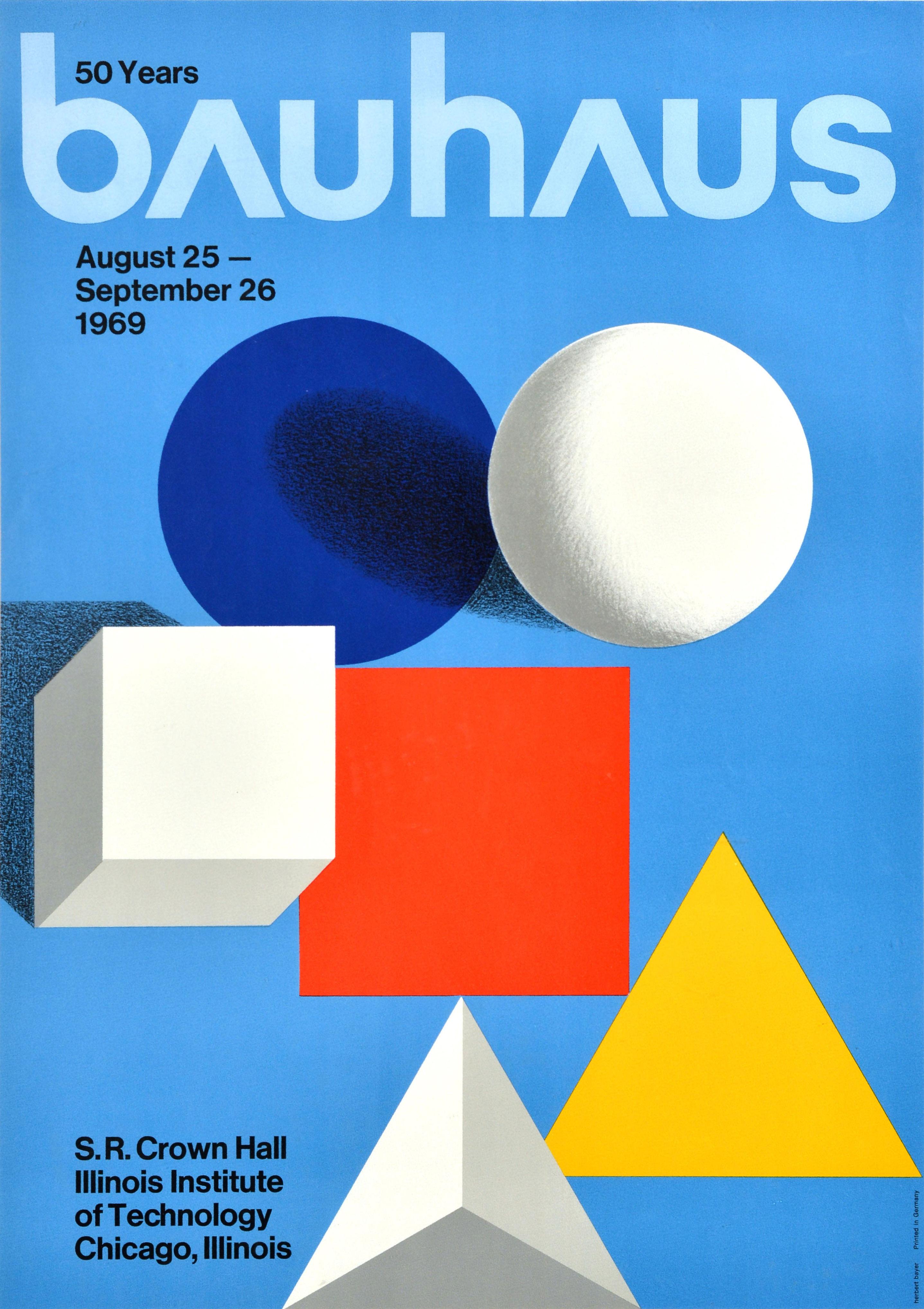 Original vintage exhibition poster for 50 Years Bauhaus held from 25 August to 26 September 1969 held at the S.R. Crown Hall Illinois Institute of Technology Chicago (IIT Illinois Tech; founded 1890) featuring minimalist composition including a blue