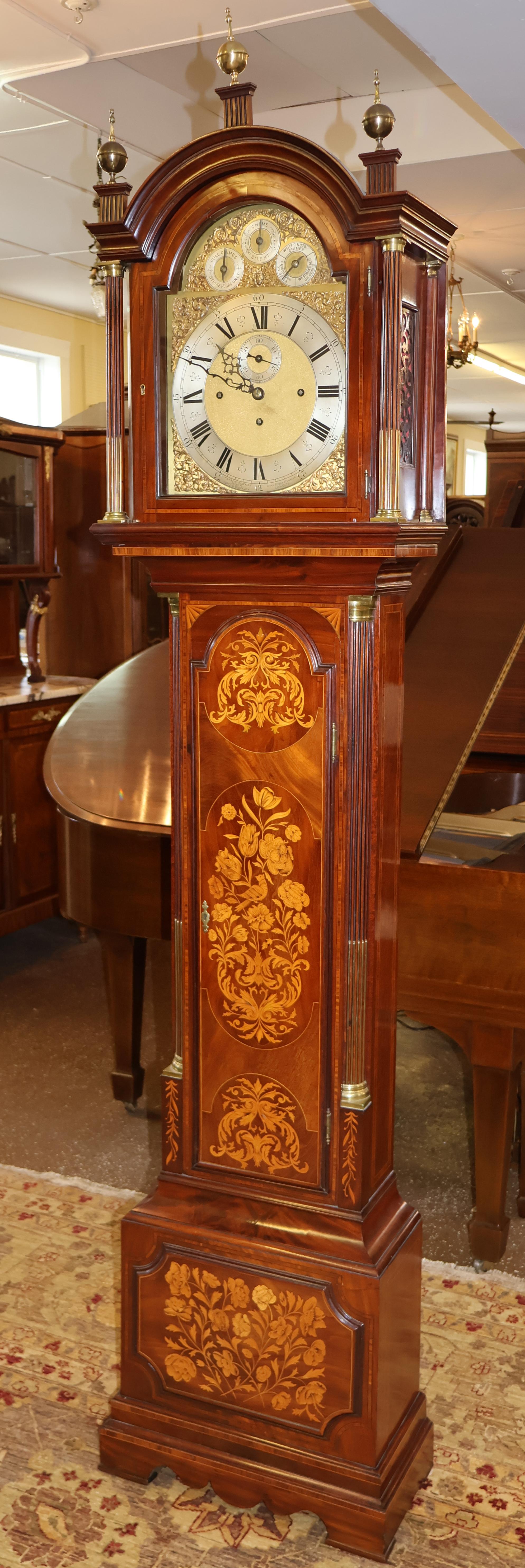 Edwardian Herbert Blockley London Musical 19th Century Inlaid Tall Case Grandfather Clock For Sale
