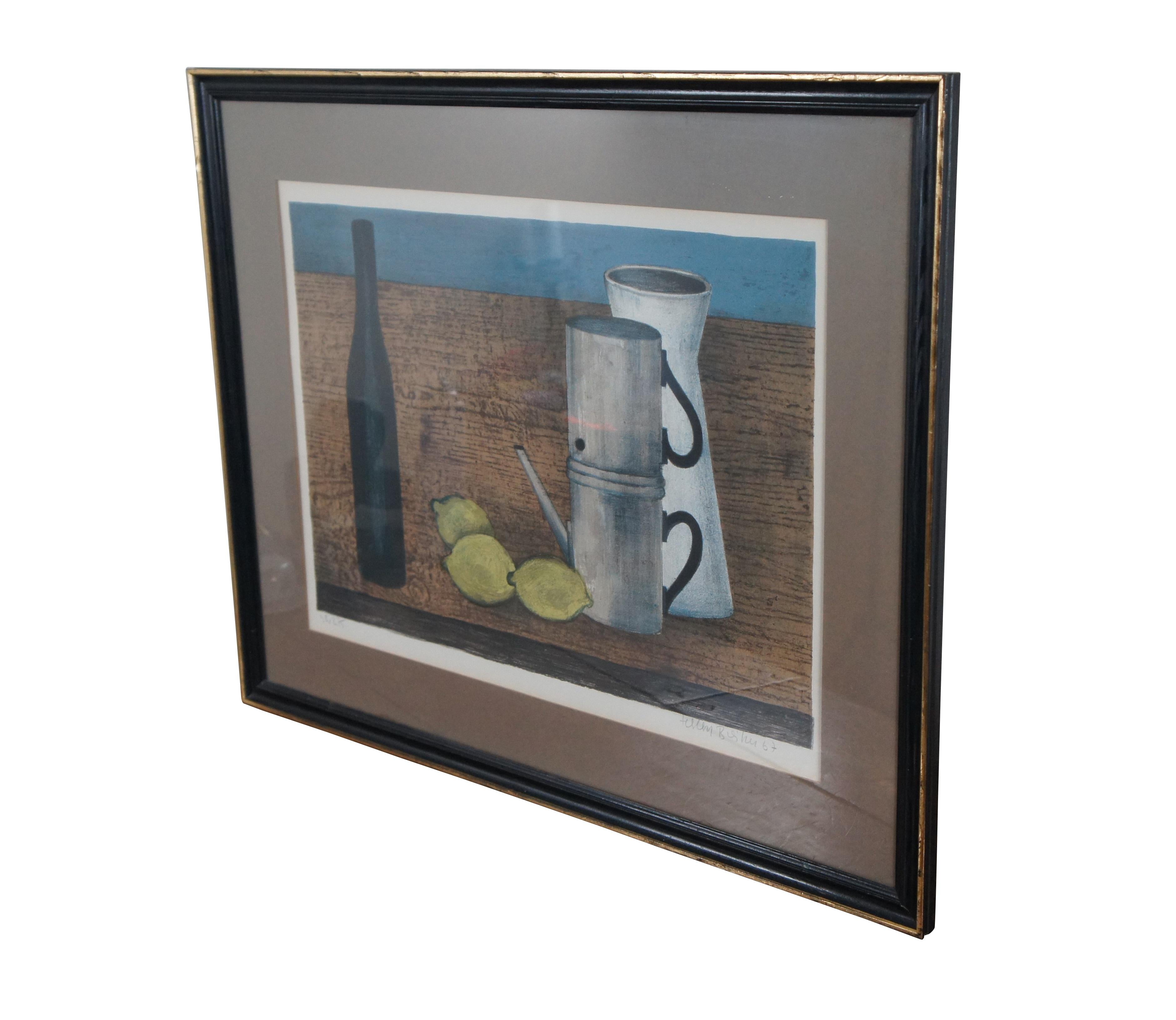 Vintage 1967 pencil signed limited edition lithograph print by Herbert Breiter, showing a still life of a bottle, lemons, vase and coffee pot on a brown table. Pencil signed and numbered 58/275 along lower edge. The Collector's Guild Ltd.