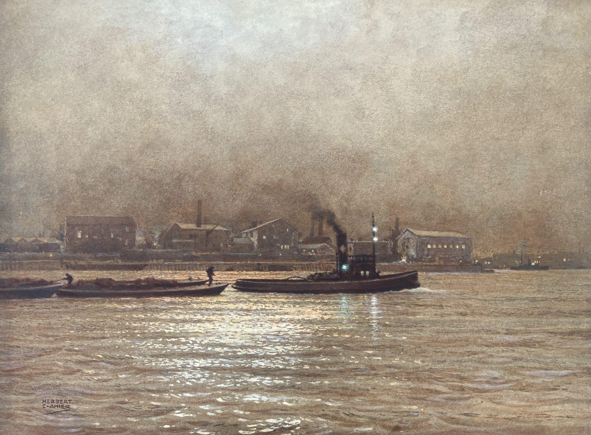 Herbert Charles Touzeau Ahier Landscape Painting - Pea Soup, Port of London, Watercolour 20th Century Painting