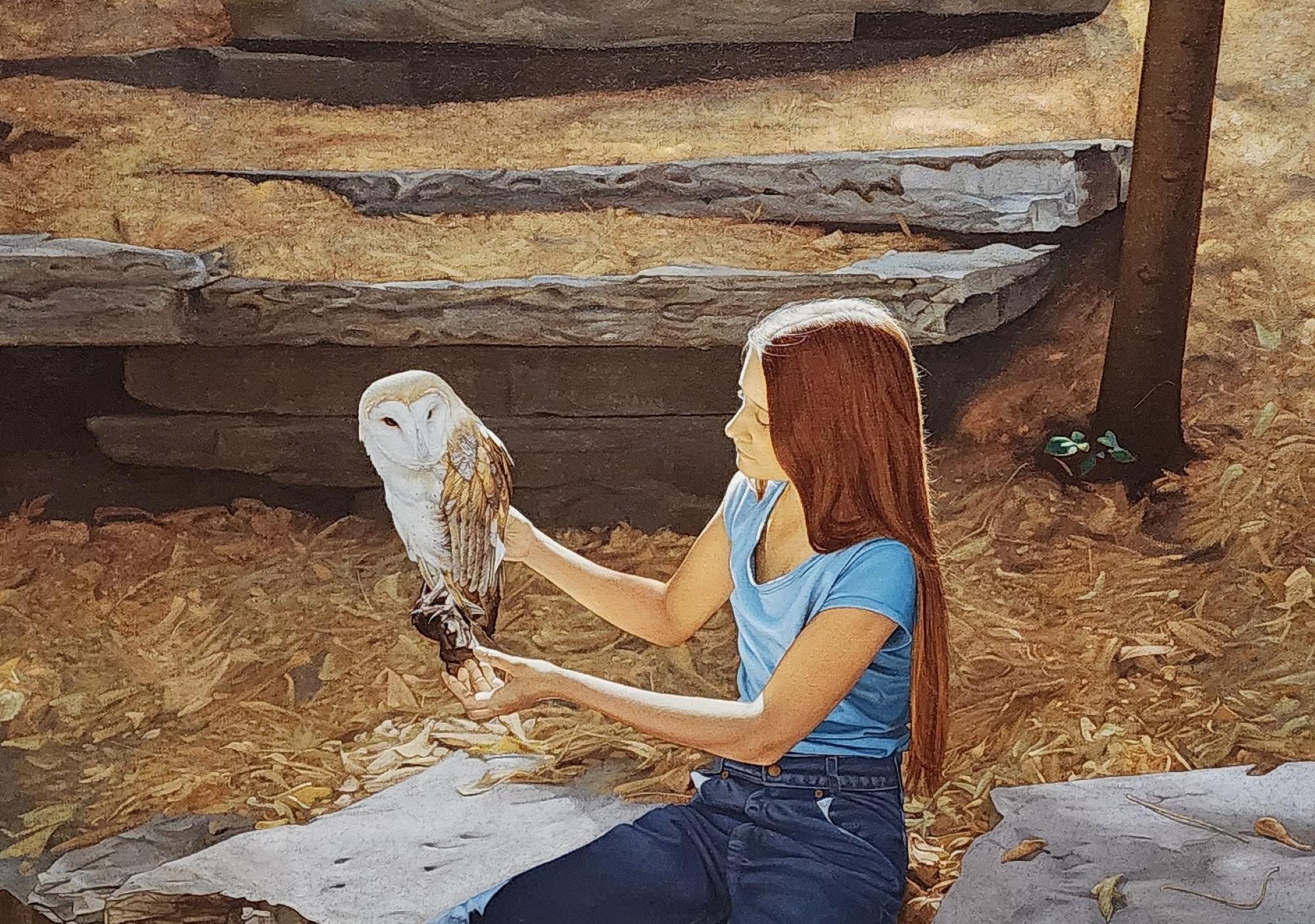 Mädchen mit Schleiereule – Painting von Herbert Davidson