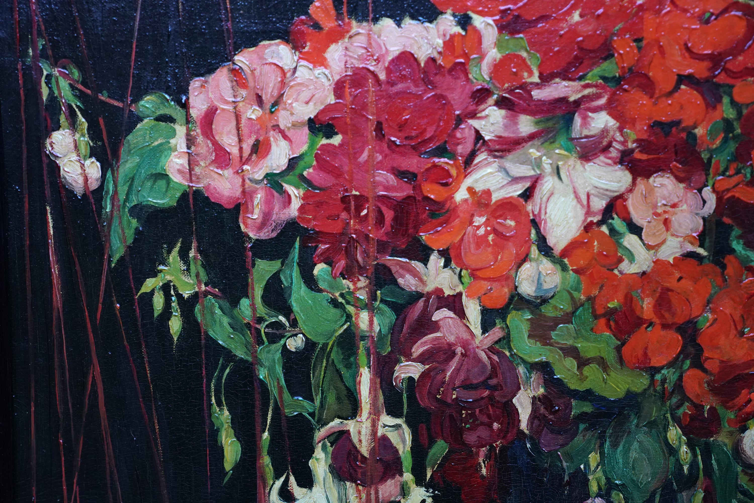 Still Life of Fuchsias, Geraniums and Marionettes - British 30's oil painting For Sale 6