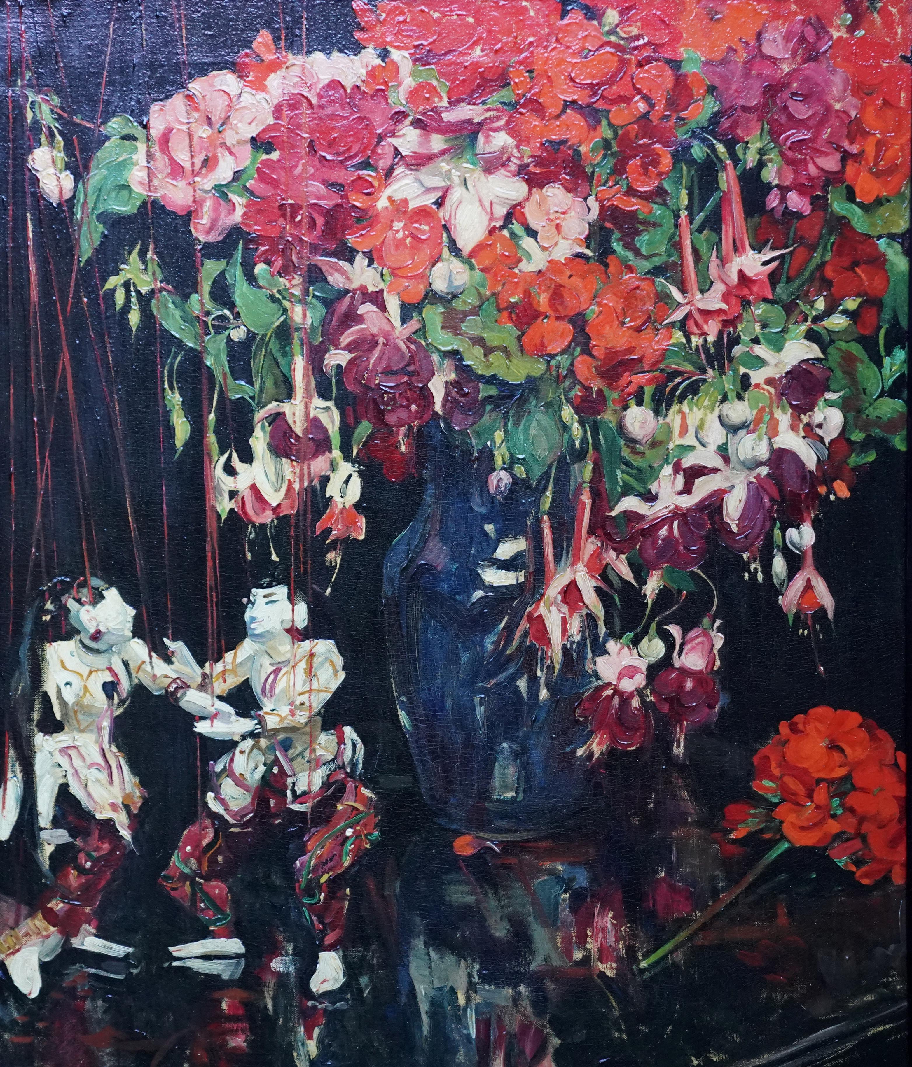 Still Life of Fuchsias, Geraniums and Marionettes - British 30's oil painting - Painting by Herbert Davis Richter