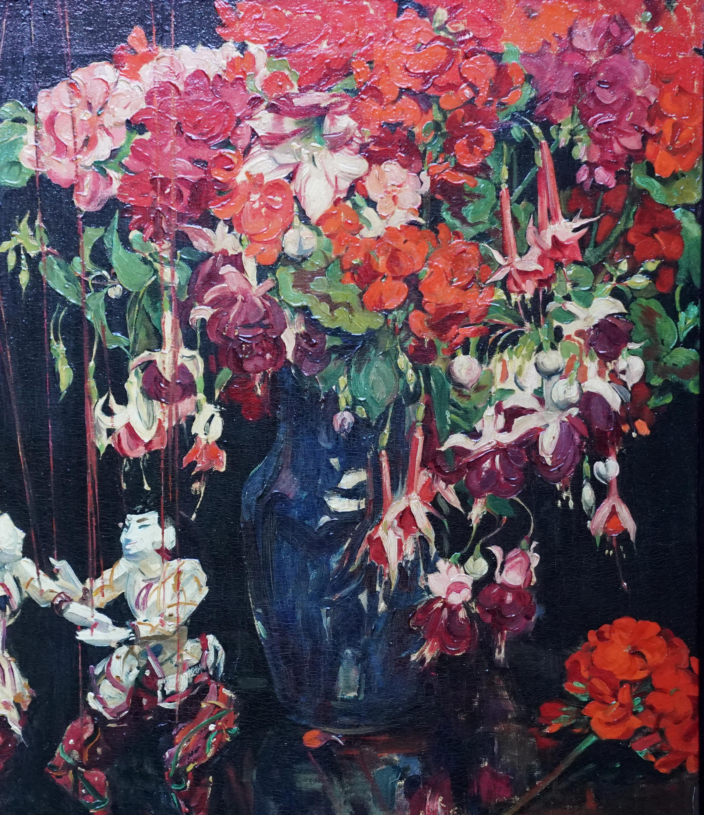 Still Life of Fuchsias, Geraniums and Marionettes - British 30's oil painting - Art Deco Painting by Herbert Davis Richter