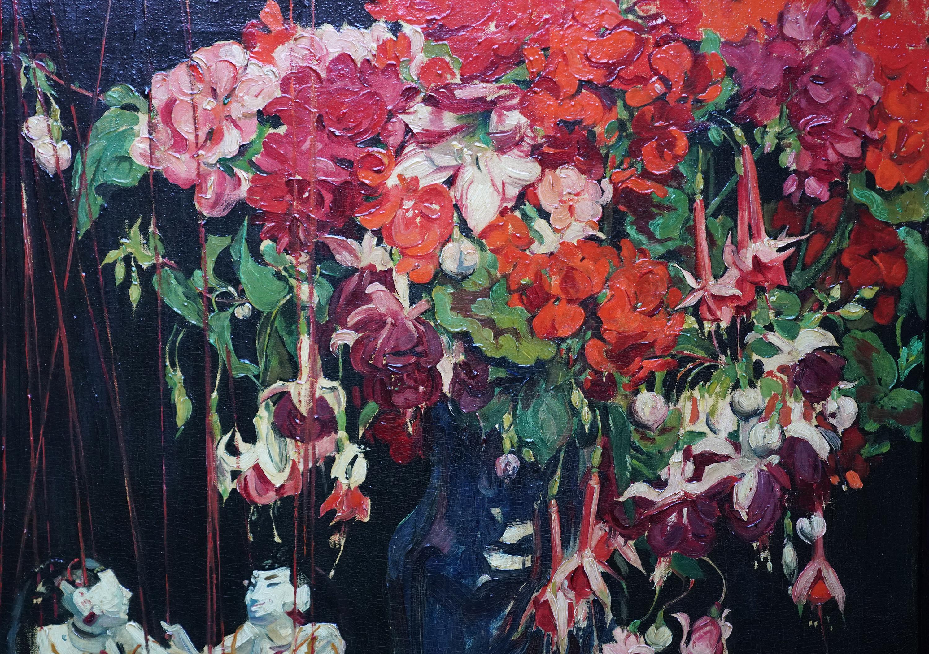 Still Life of Fuchsias, Geraniums and Marionettes - British 30's oil painting For Sale 1