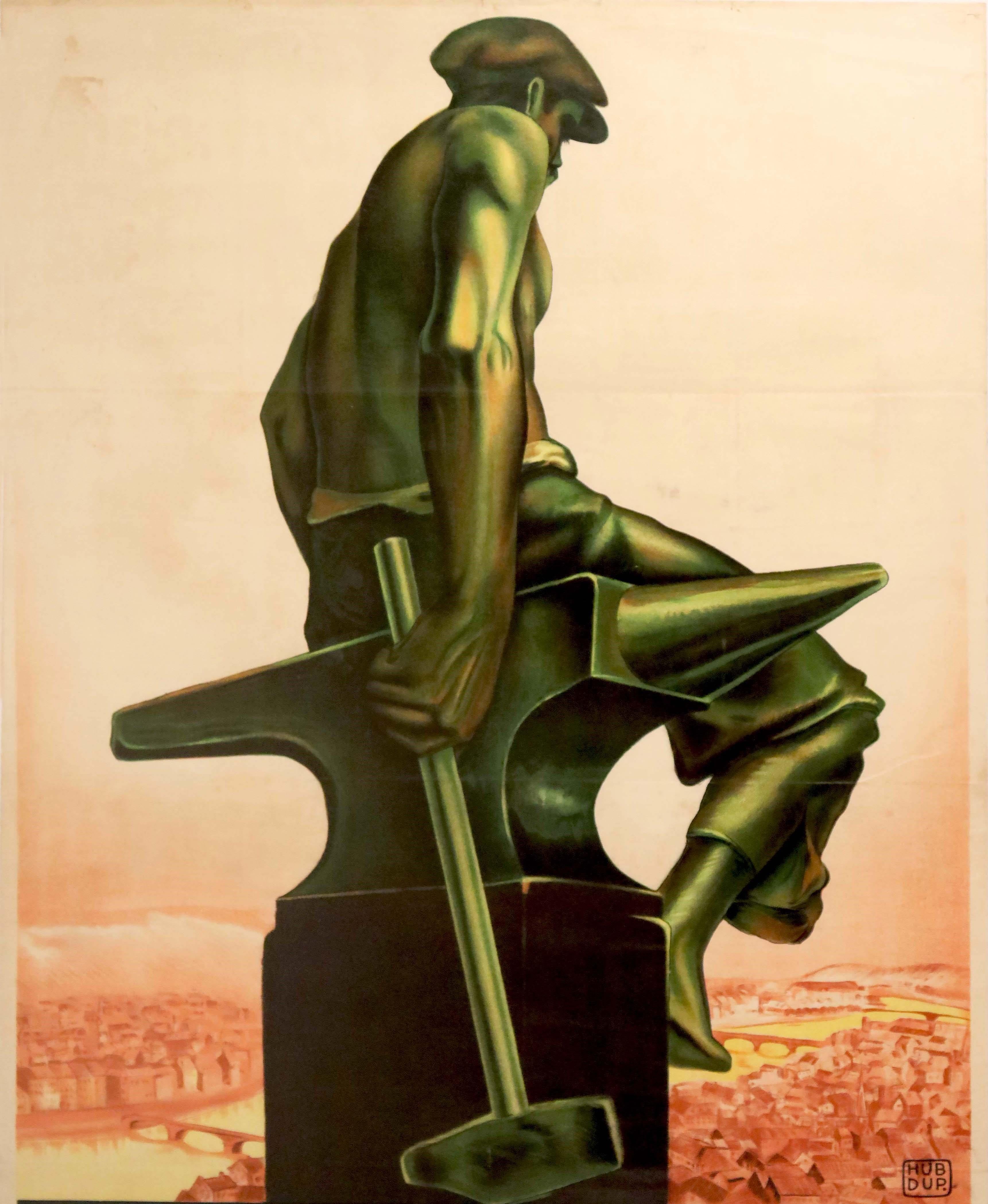 Poster pubblicitario originale d'epoca per l'esposizione internazionale Liegi 1930 che celebra il Centenario dell'Indipendenza del Belgio - Luik 1930 - con una splendida illustrazione di una statua di un lavoratore su un'incudine che tiene in mano