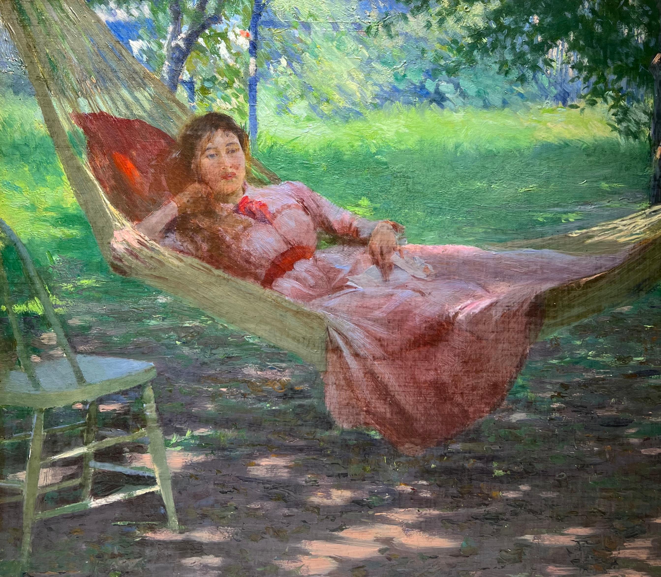 Herbert f Denman  Figurative Painting - 1896 American Impressionist ORIENTAL Lady Hammock William Merritt Chase Quality 