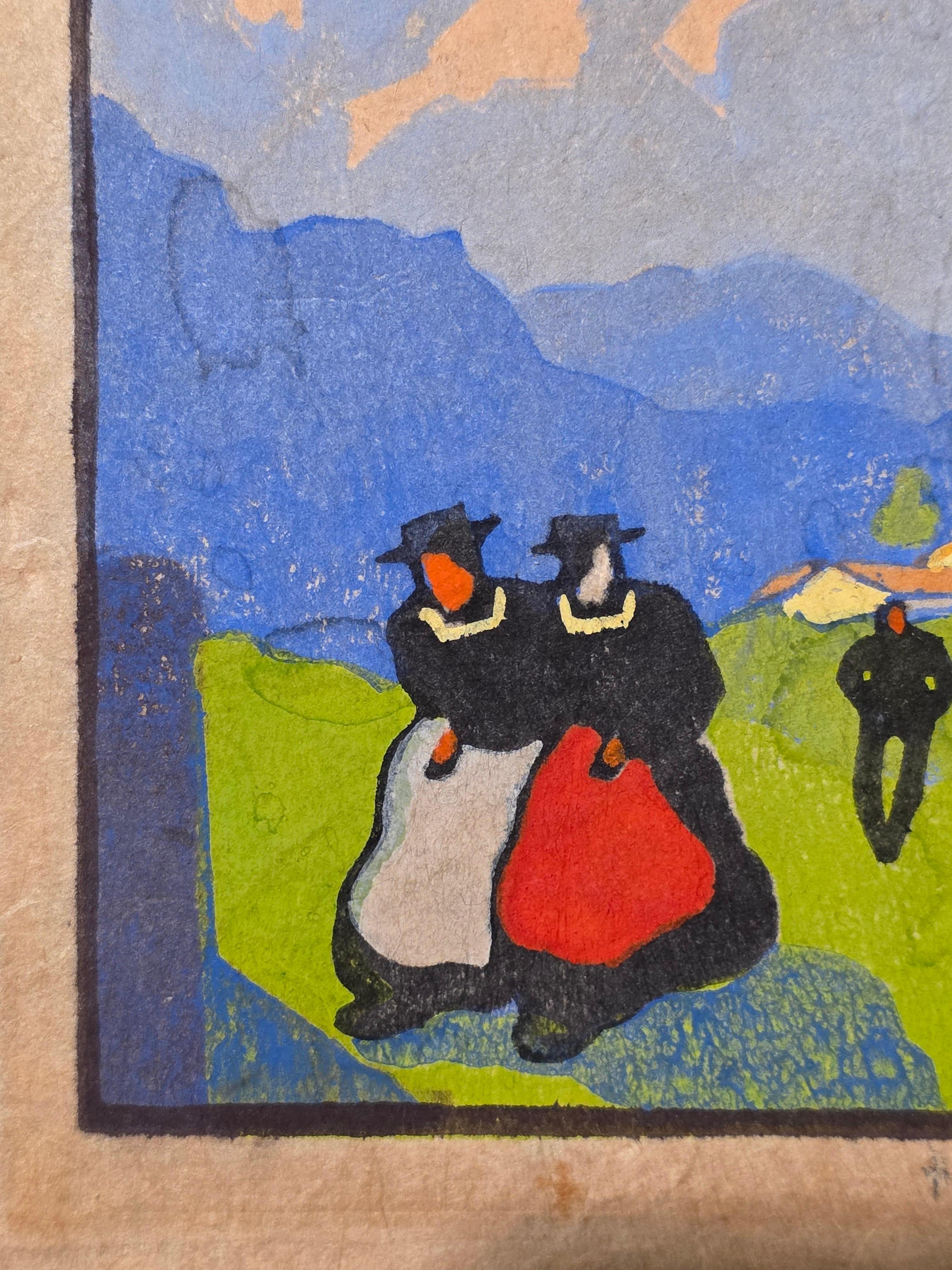 Diese kleine Schönheit mit dem Titel Mädchen in einem Dorf wurde um 1930 geschaffen. Es ist rechts unten mit Bleistift signiert und links unten nummeriert: 50 von 100. Dieser Artikel ist ungerahmt erhältlich und daher einfach und kostengünstig zu