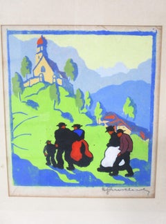 Herbert Gurschner Wood Block Print " Mountain Church " Artist Signed