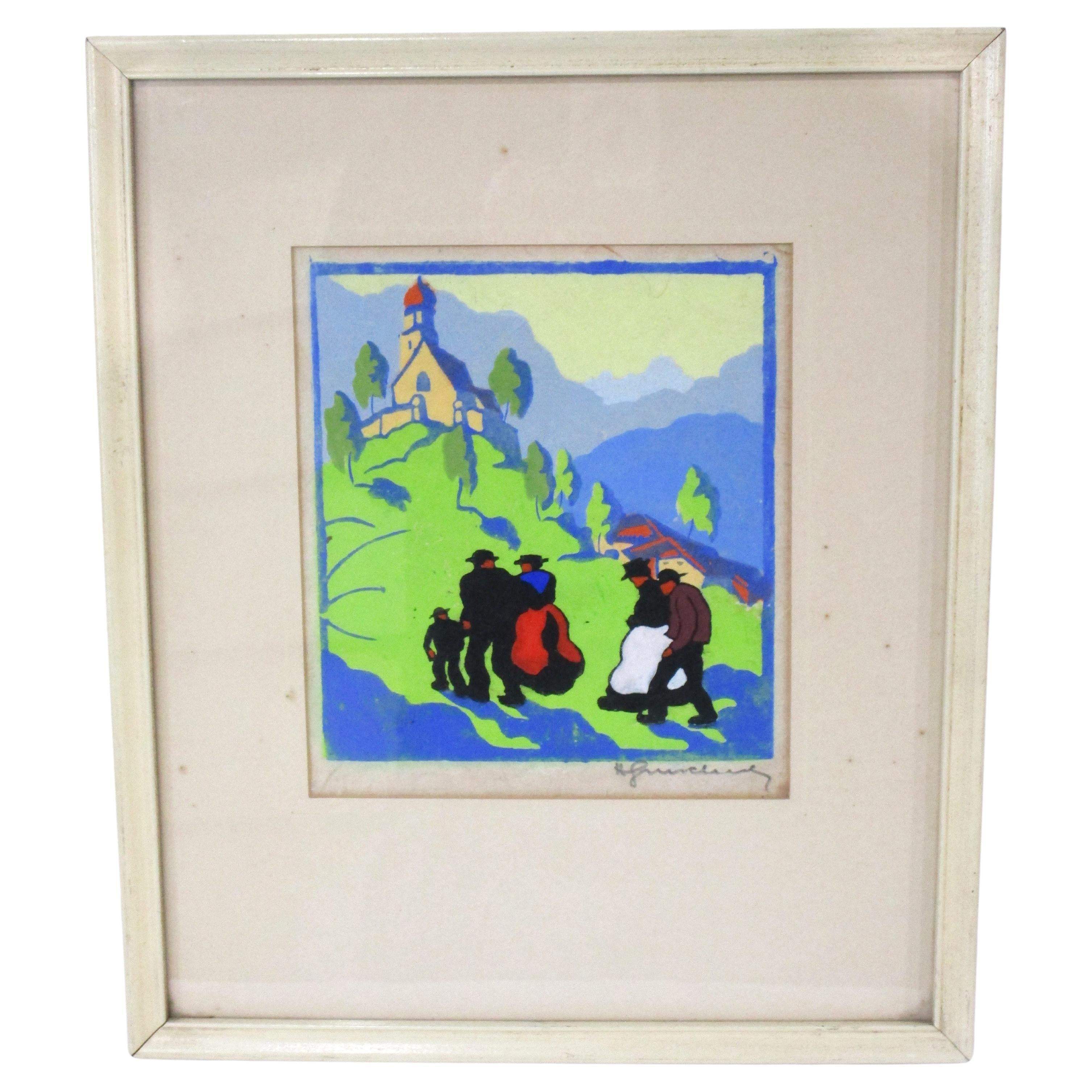 Herbert Gurschner Wood Block Print " Mountain Church " Artist Signed