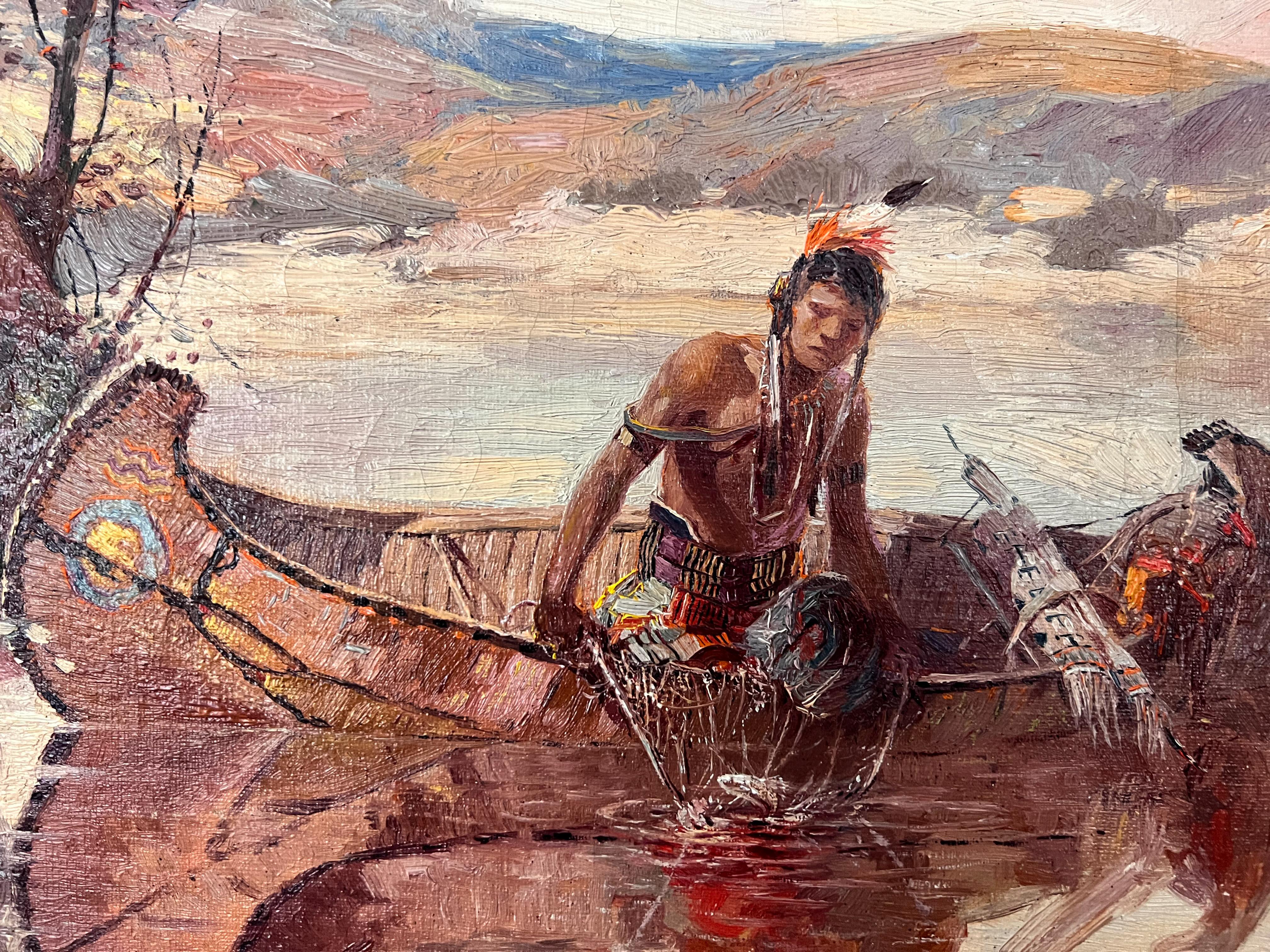 La prise du jour.  Peinture de scène amérindienne du milieu du siècle avec Canoë. - Painting de Herbert Herget