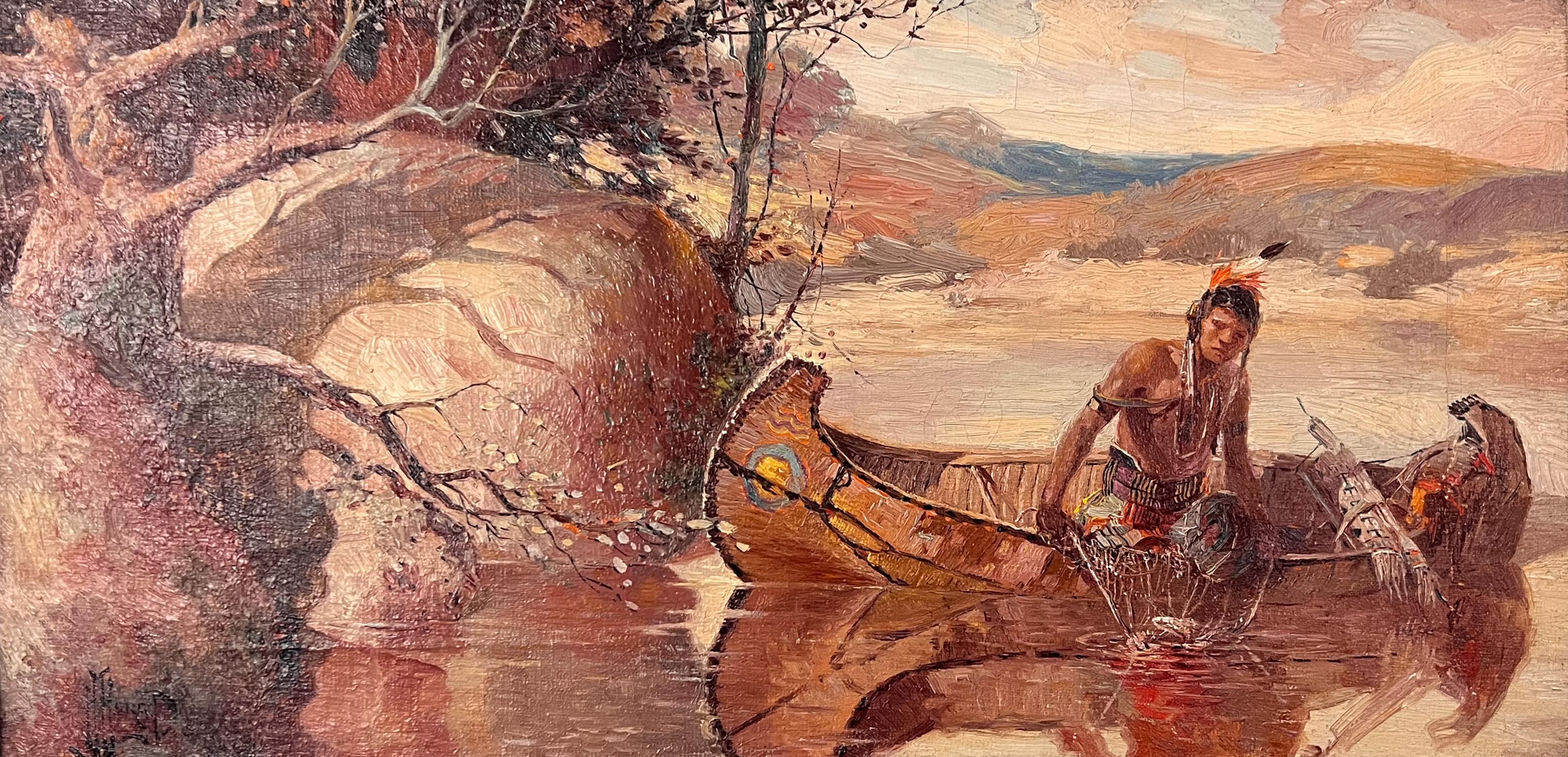 La prise du jour.  Peinture de scène amérindienne du milieu du siècle avec Canoë. - Marron Landscape Painting par Herbert Herget