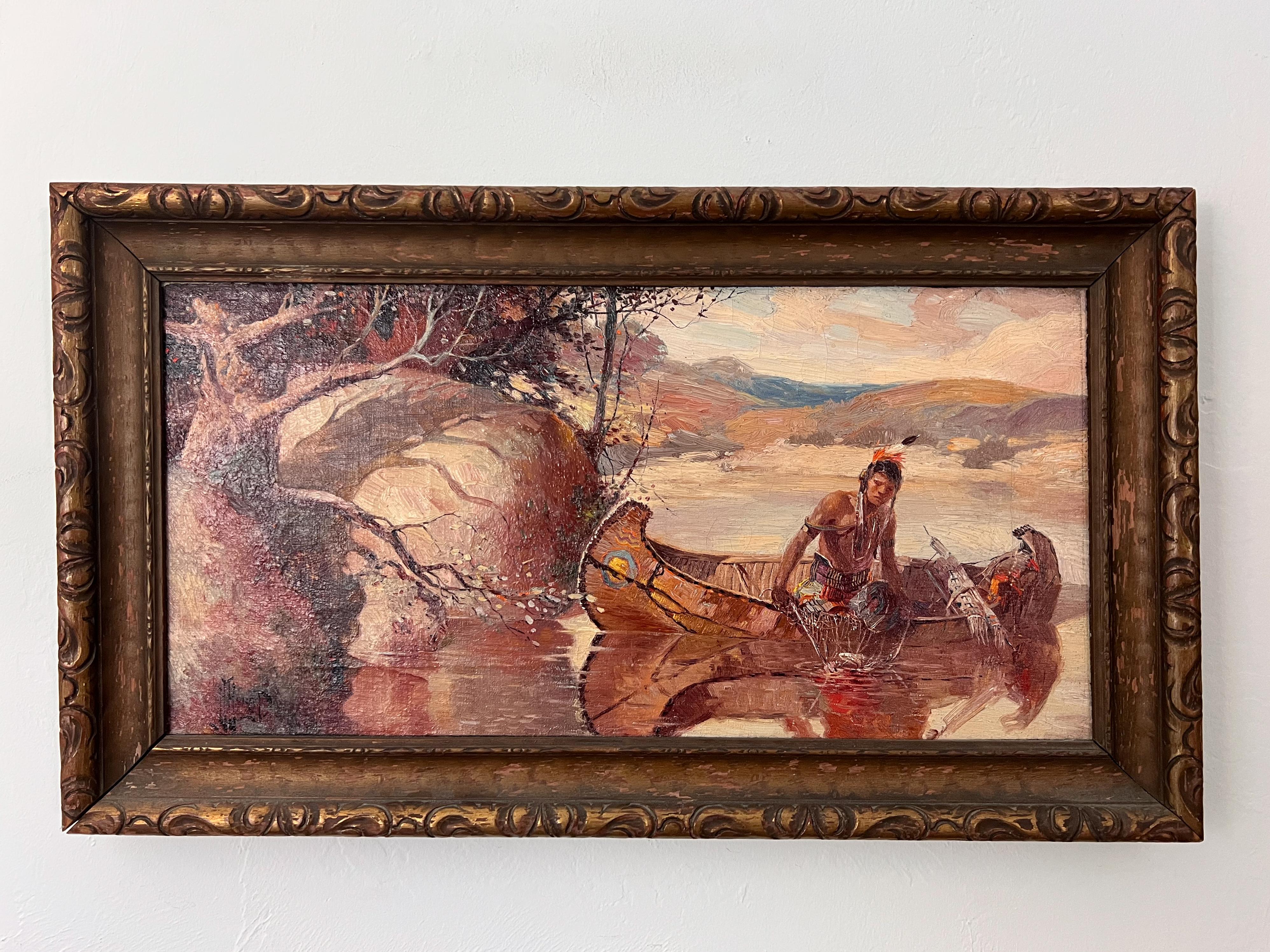 Une scène amérindienne intitulée The Day's Catch montre un homme pêchant dans la rivière à l'aide d'un filet depuis son canoë.   Bien que la plupart du temps en tons, le ciel et le paysage lointain sont marqués par des coups de pinceau bleu-gris. 