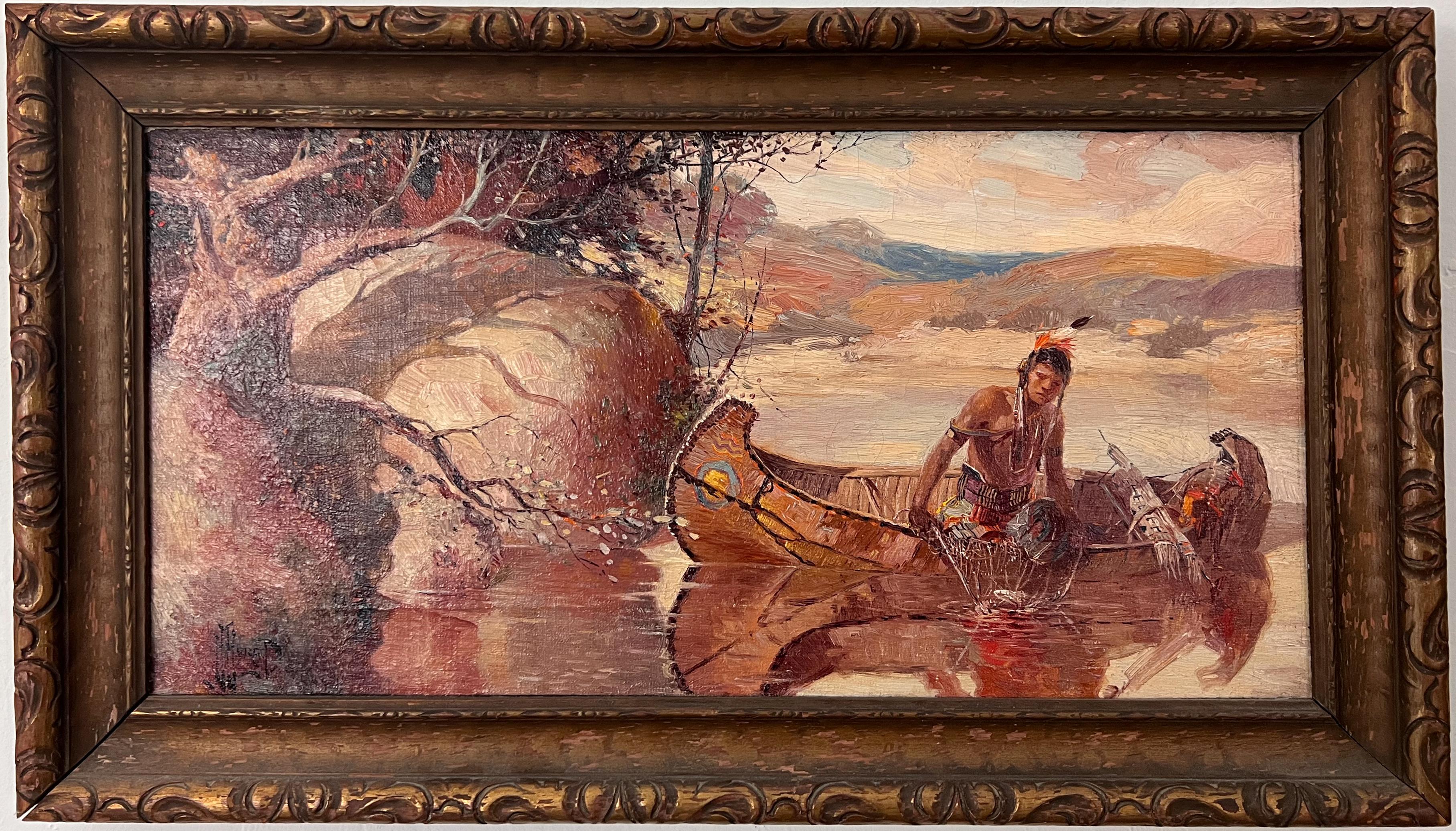 Landscape Painting Herbert Herget - La prise du jour.  Peinture de scène amérindienne du milieu du siècle avec Canoë.