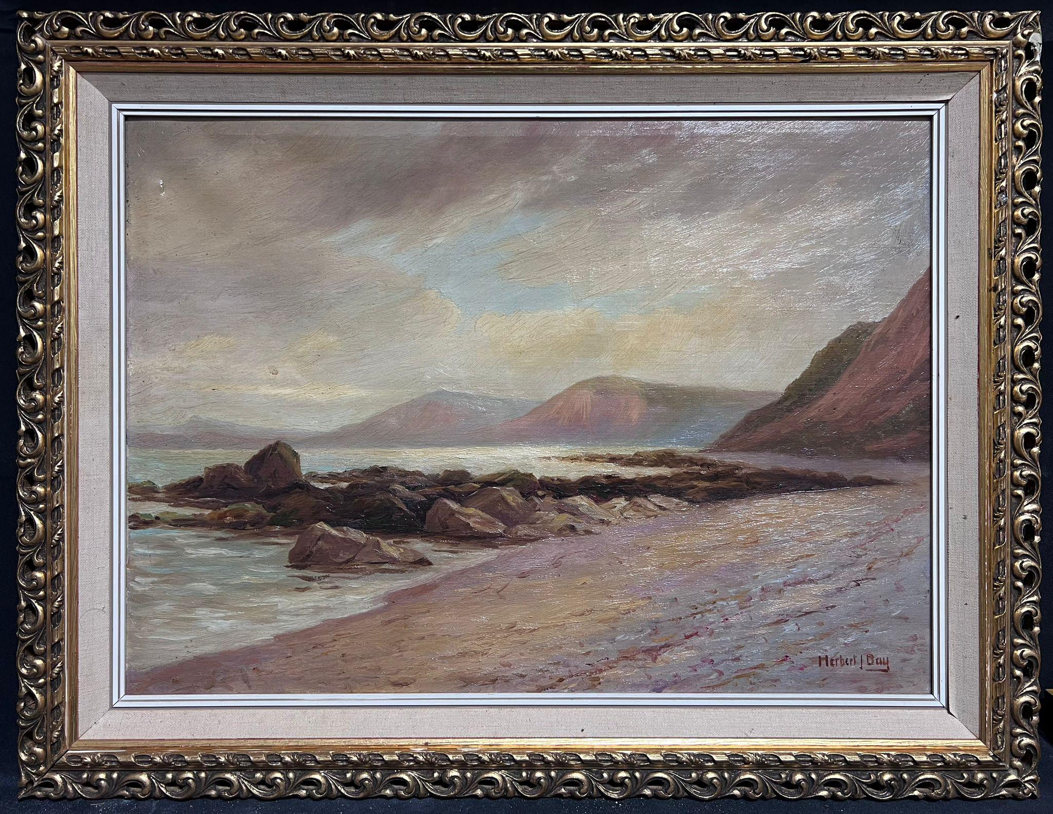 Herbert J. Day Landscape Painting - Antique American Signed Oil Painting Coastal Landscape Beach Scene & Cliffs