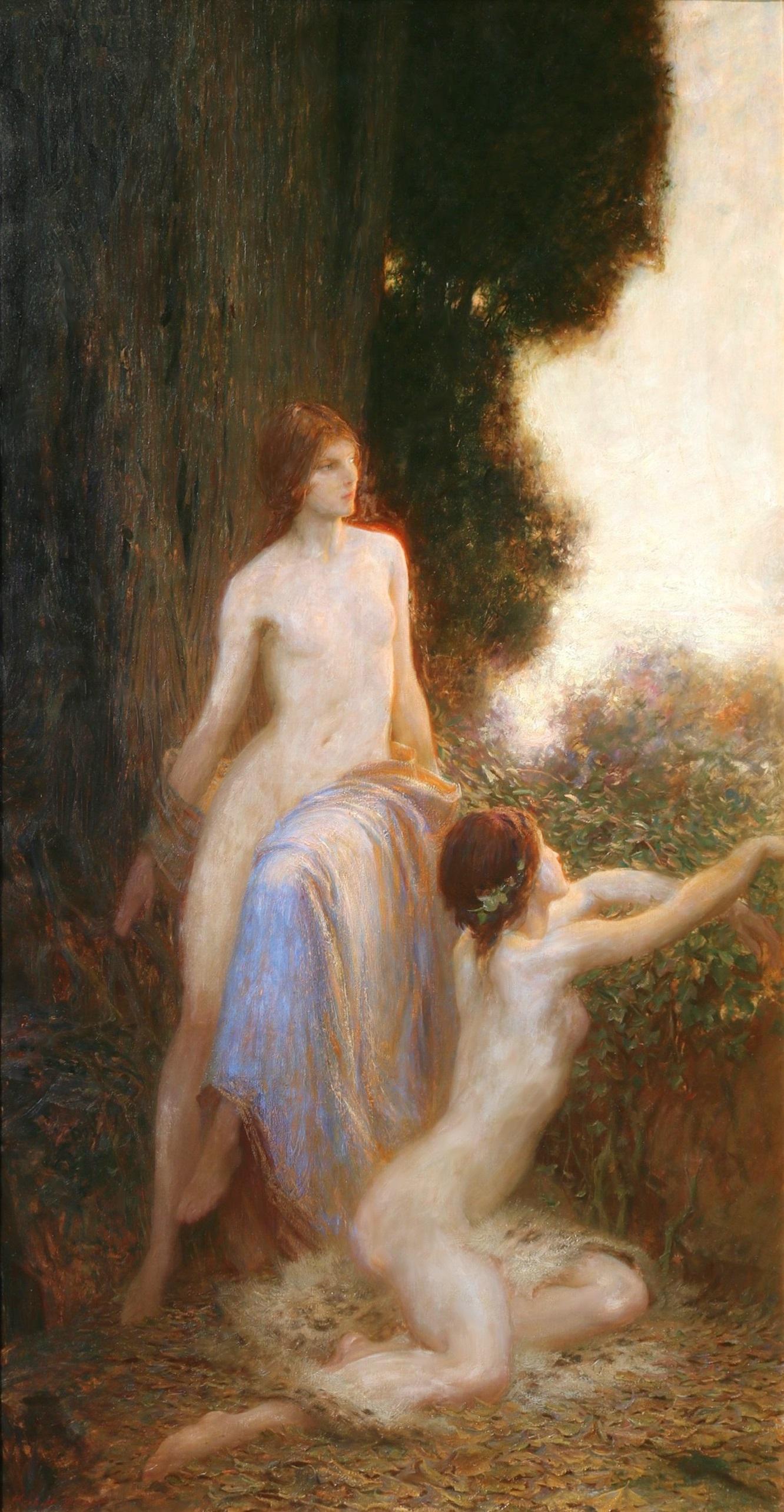 Erwachen - Bedeutendes Ölgemälde der Royal Academy mit Aktdarstellungen neoklassischer Holznymphen (Braun), Nude Painting, von Herbert James Draper 