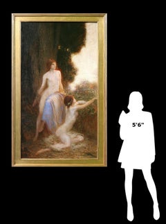 Immense et importante peinture à l'huile de la Royal Academy représentant des nymphes des bois préraphaélites nues