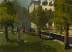 London Park - 20th Century Green Landscape/Cityscape with Figure and Buildings