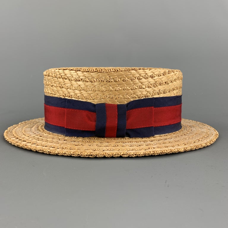 HERBERT JOHNSON Size 7 1/8 Straw Woven Red and Navy Grosgrain Boater