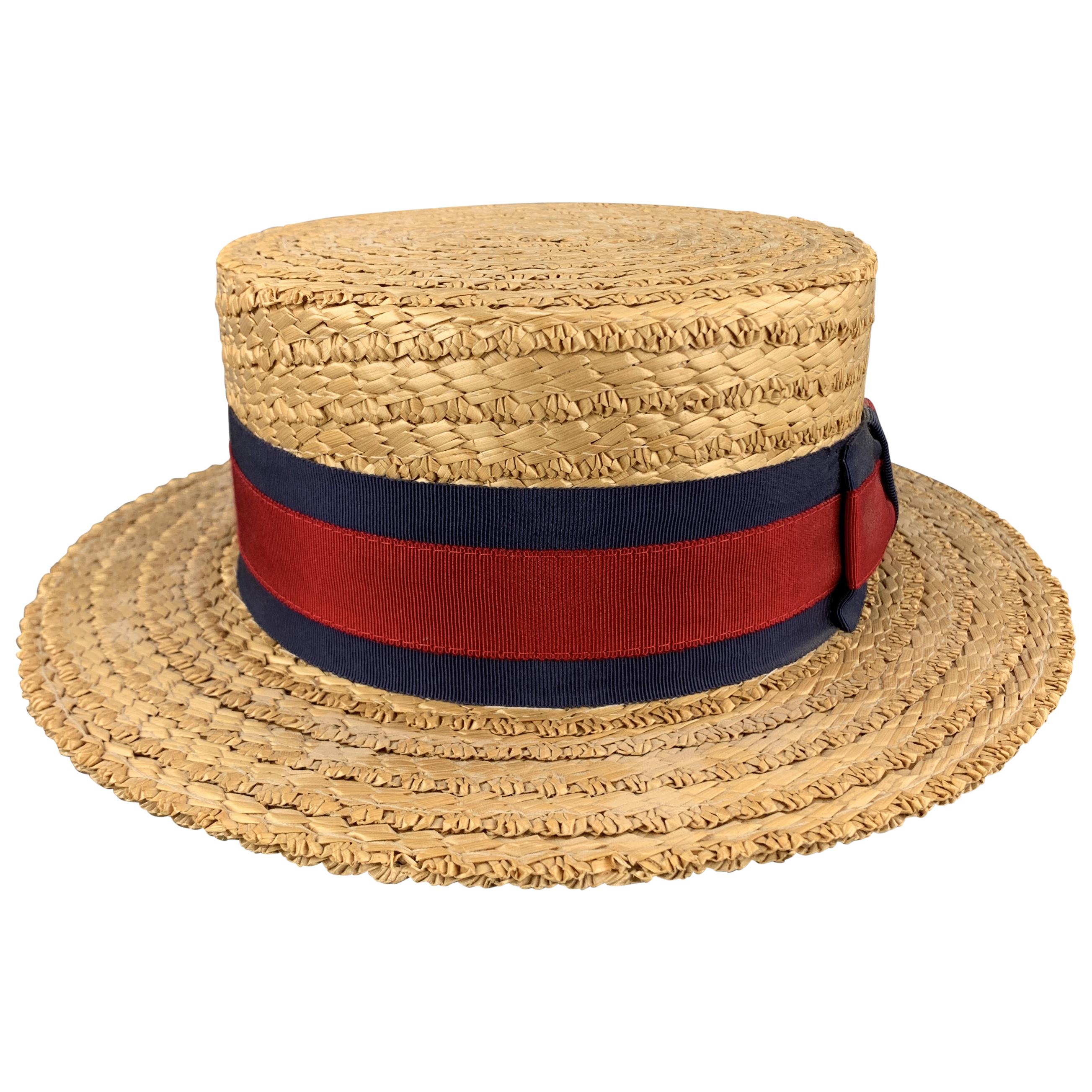 HERBERT JOHNSON Size 7 1/8 Straw Woven Red & Navy Grosgrain Boater Hat